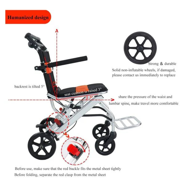 Ultra-Light Portable Folding Wheelchair, Travel-Friendly with Handbrake, 220 lbs Capacity, Ideal for Elderly & Children, 34.232.6 Unfolded Dimensions