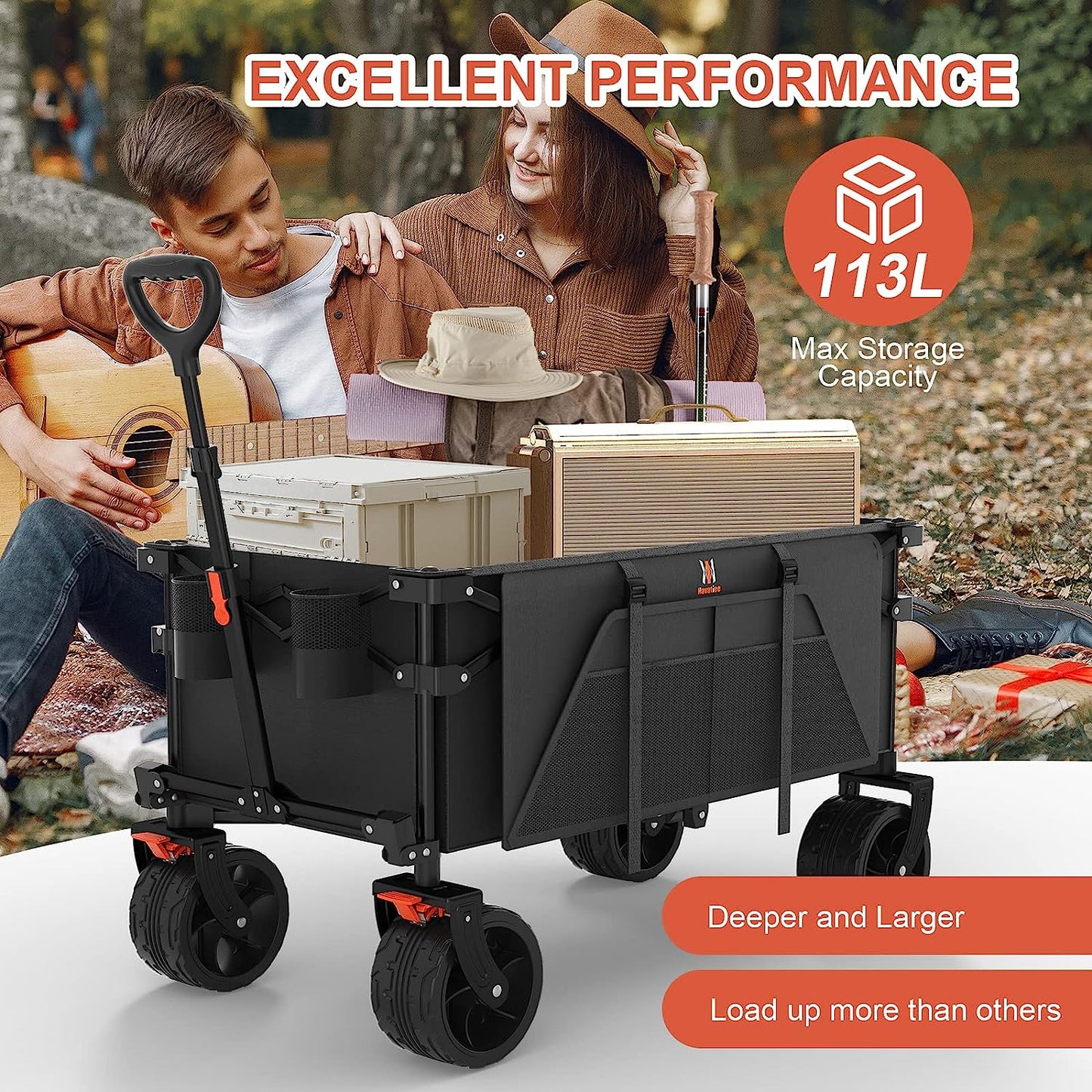 Navatiee Collapsible Folding Wagon Beach Wagon Cart Heavy Duty Foldable with Big Wheels Utility Grocery Wagon with Side Pocket and Brakes for Camping Garden Sports T1