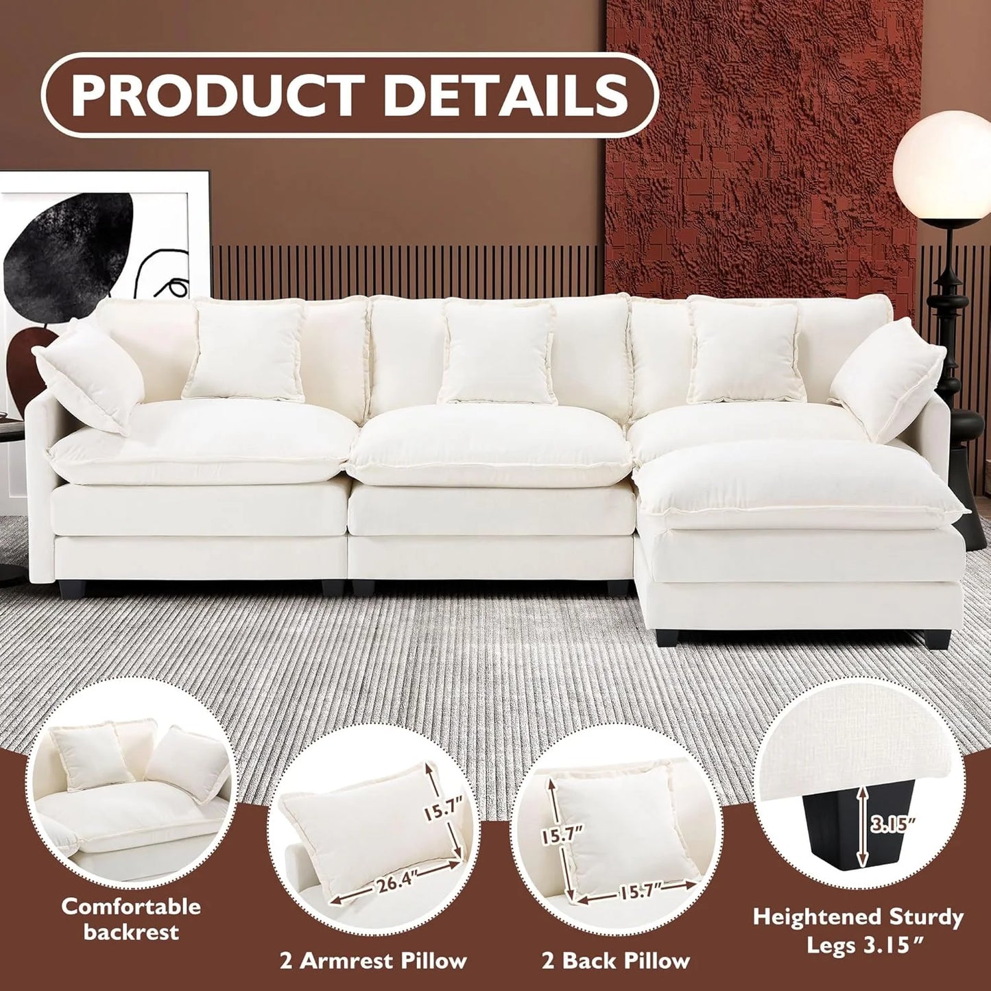 111.4 Inch L-Shaped Modern Sofa Modular Cloud Sofa Ottoman 4-Seater Chenille Deep Seat Sofa