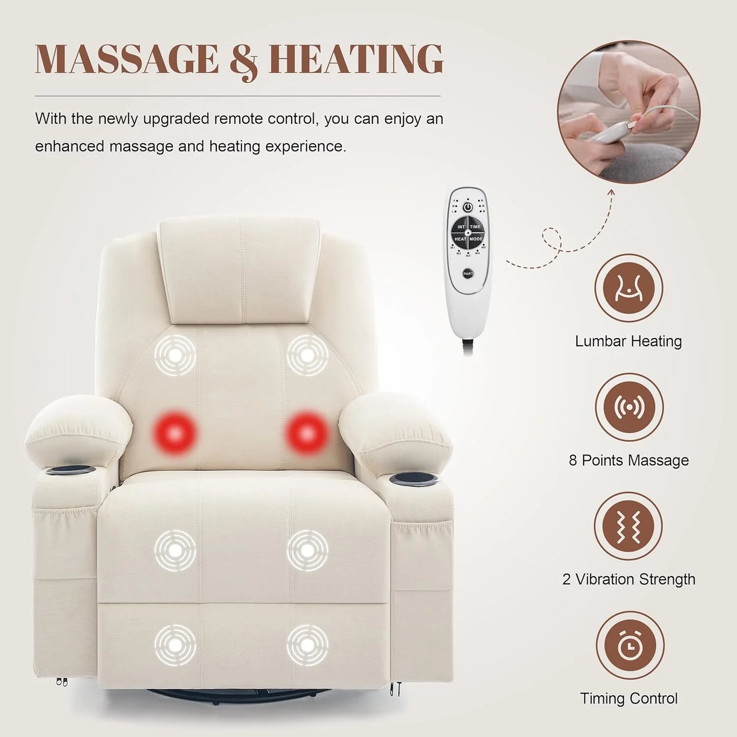 Oversized Swivel Rocker Recliner Chair with Heat and Massage, 360 Degree Swivel Rocking Single Sofa with Cup Holders and USB Port, Large Big Recliner Chair for Living Room (Leather, Brown)