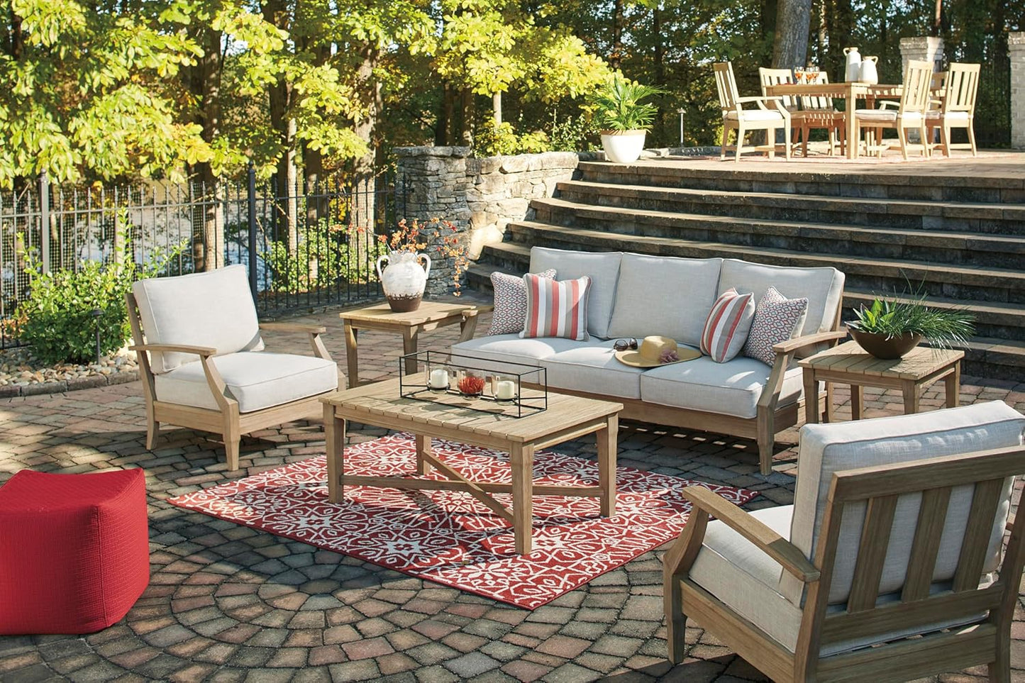 Signature Design by Ashley Clare View Coastal Outdoor Patio Eucalyptus Sofa with Cushions, Beige