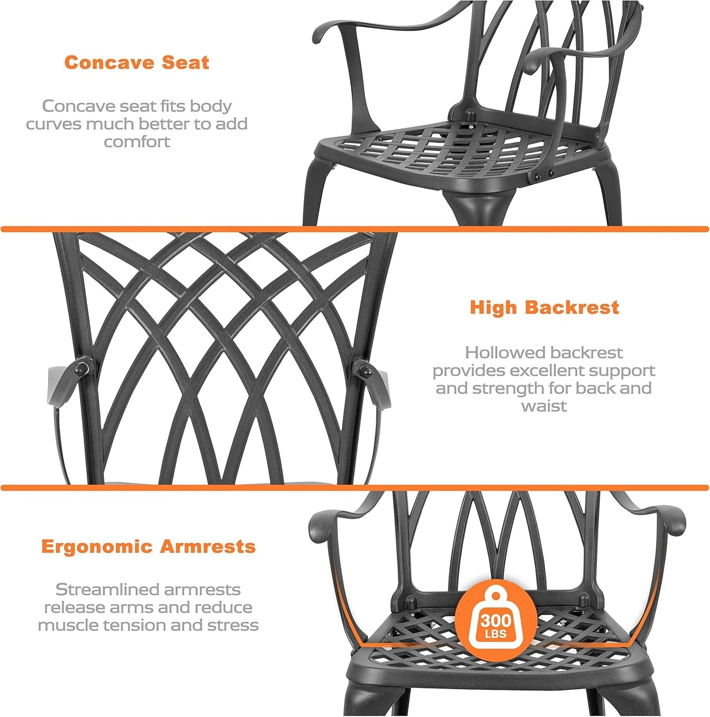 NUU GARDEN Bistro Set 3 Piece Outdoor Cast Aluminum Patio Bistro Set Patio Table and Chairs Set of 2 with Umbrella Hole and Gray Cushions, Black