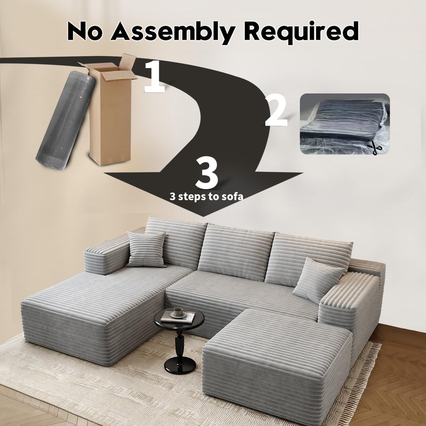 107.5" Cloud Modular Sectional Sofa Couch with L-Shape Chaise,Modern Minimalist Upholstered Couches for Living Room Bedroom,Deep Seat Corner Couch .No Assembly Required (Black,Left Facing Chaise)