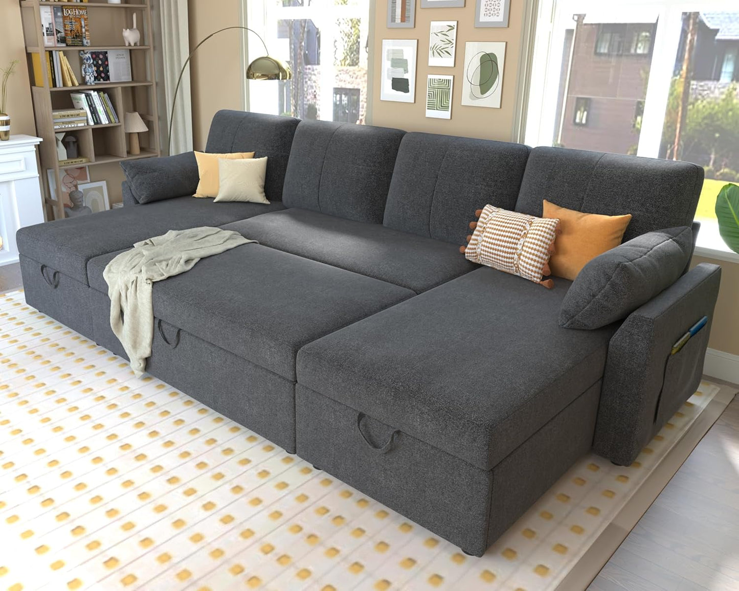 VanAcc Sofa Bed, Sleeper Sofa with Storage Chaise 2 in 1 Pull Out Couch Living Room
