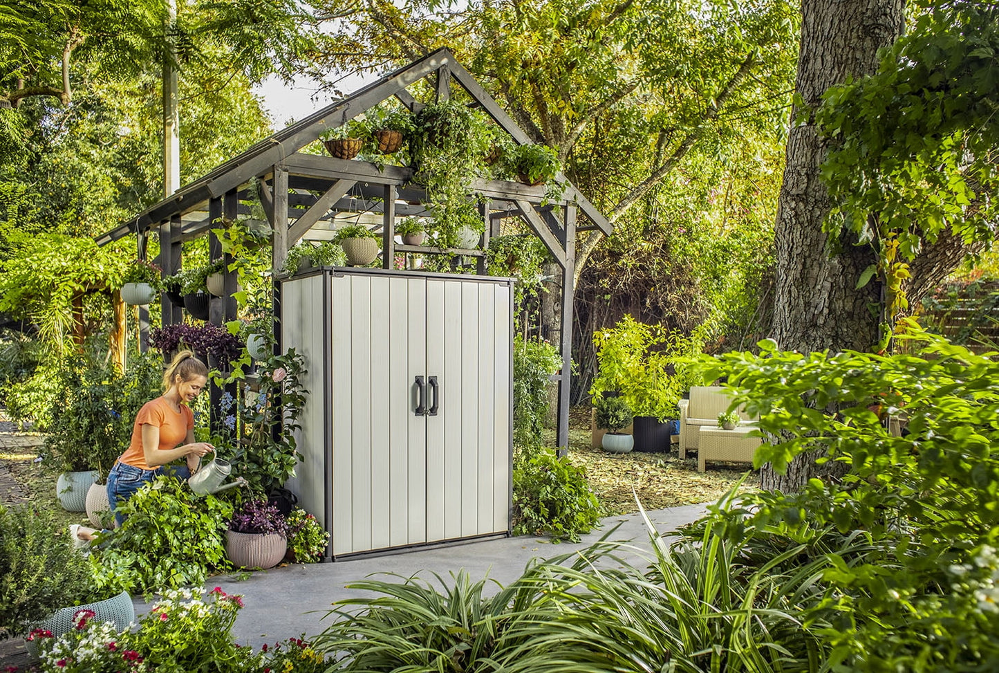 Keter Premier Tall Vertical Durable Resin Outdoor Storage Shed With Floor and Locking Double Doors, Grey