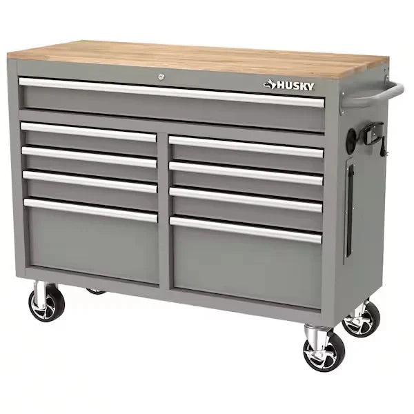 Mobile workbench with 9 drawers, hardwood top and power connection, 117 cm W x 62 cm D C high-gloss black