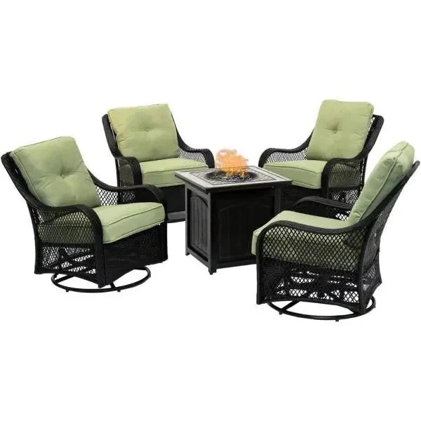 2025 5-piece steel patio fire pit seating set with navy blue cushions, swivel gliders and square fire pit table