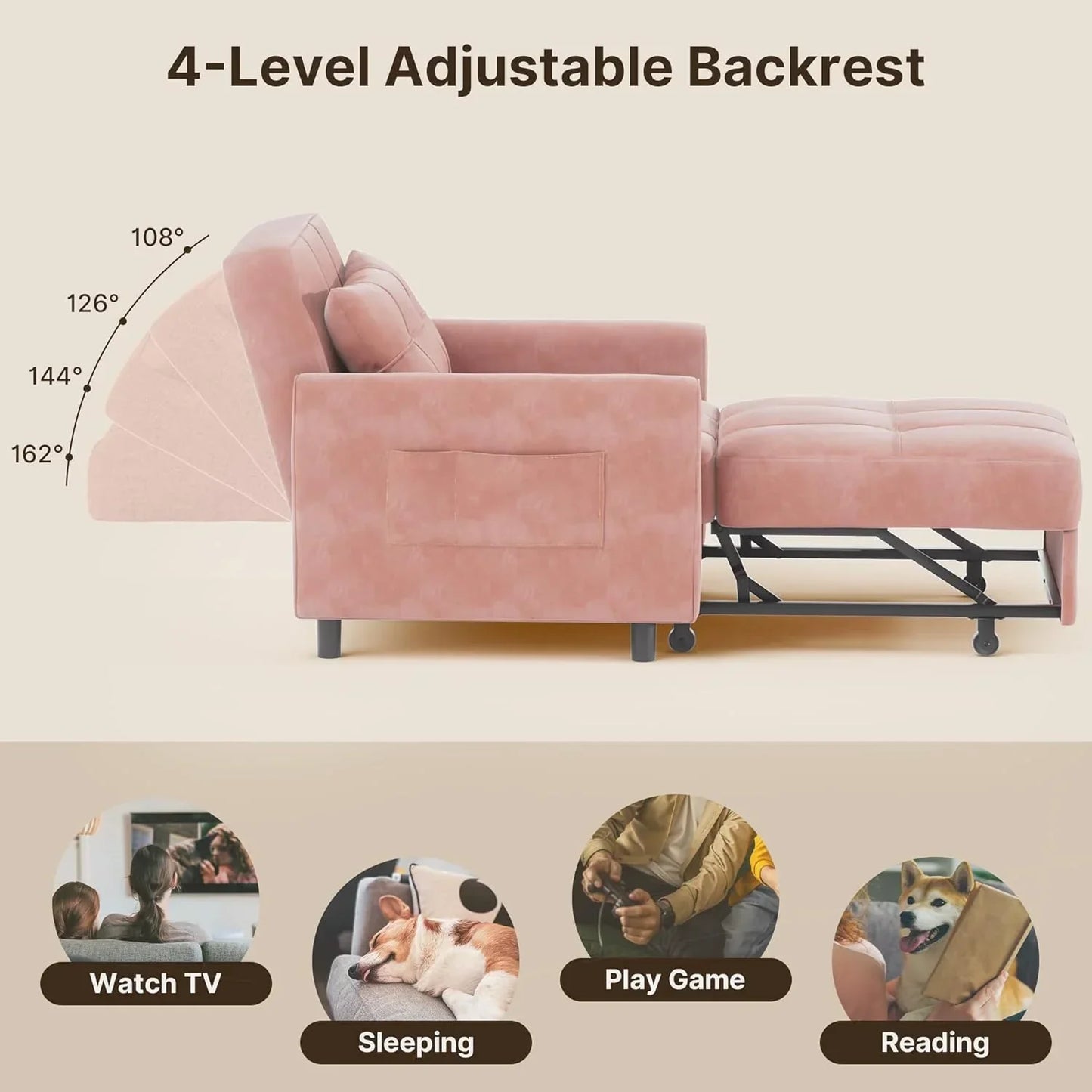 Sofa Bed Chair 3 in 1 Convertible Pullout Single Sleeper Chair Bed Spacious Multifunctional Sofa