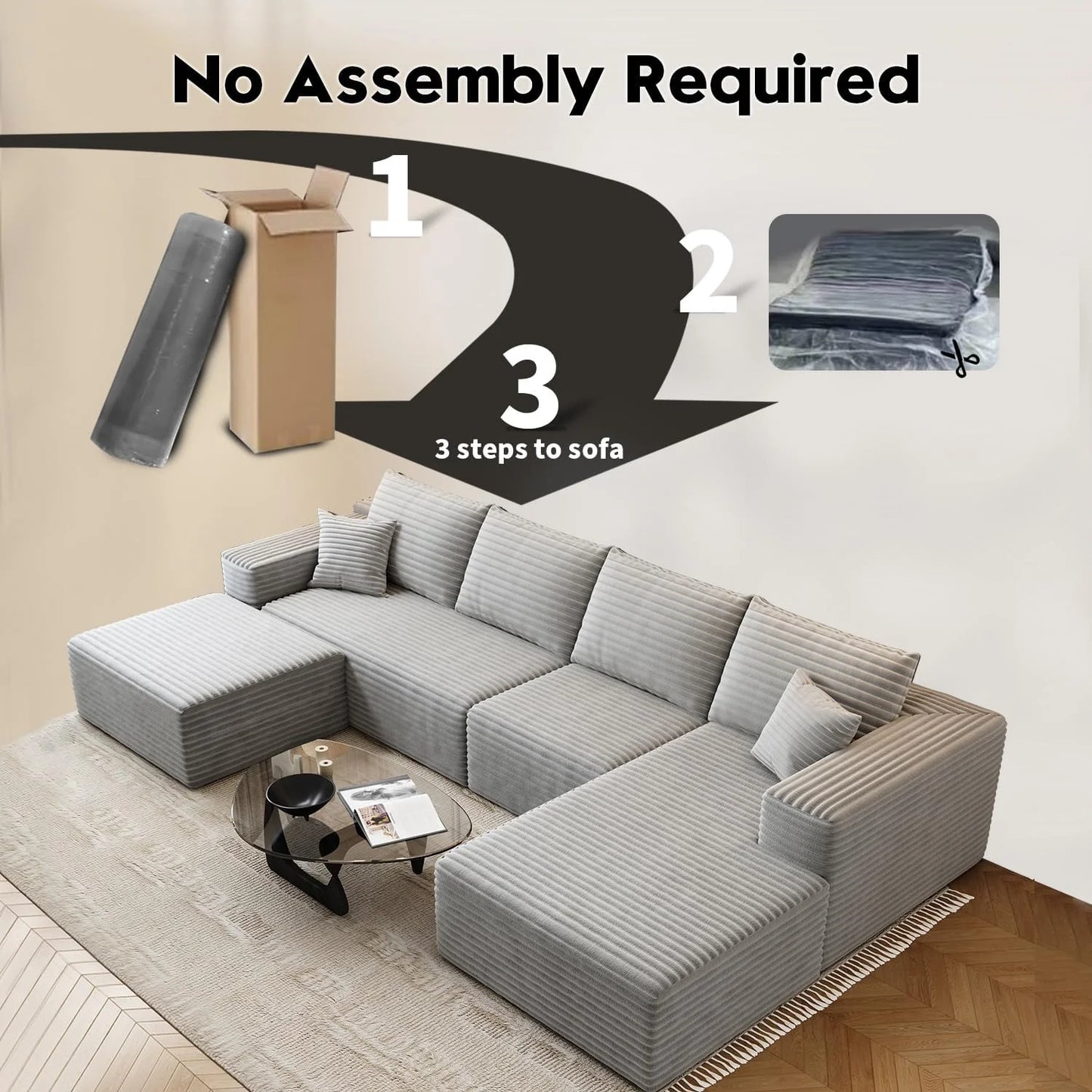 107.5" Cloud Modular Sectional Sofa Couch with L-Shape Chaise,Modern Minimalist Upholstered Couches for Living Room Bedroom,Deep Seat Corner Couch .No Assembly Required (Black,Left Facing Chaise)