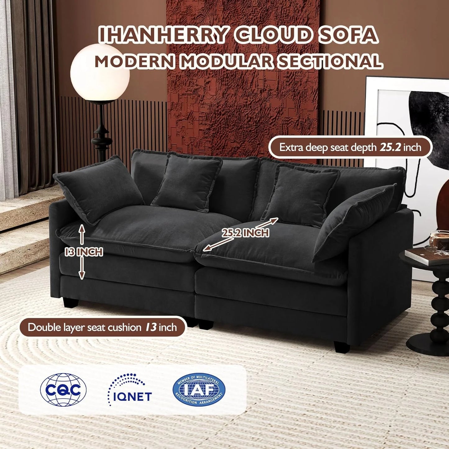 Ihanherry 146" U-Shaped Modern Sofa Modular Sectional Cloud Couch with 2 Ottoman, 6-Seat Chenille Deep Seat Sofa with 6 Pillows for Living Room, Bedroom and Apartment, Grey