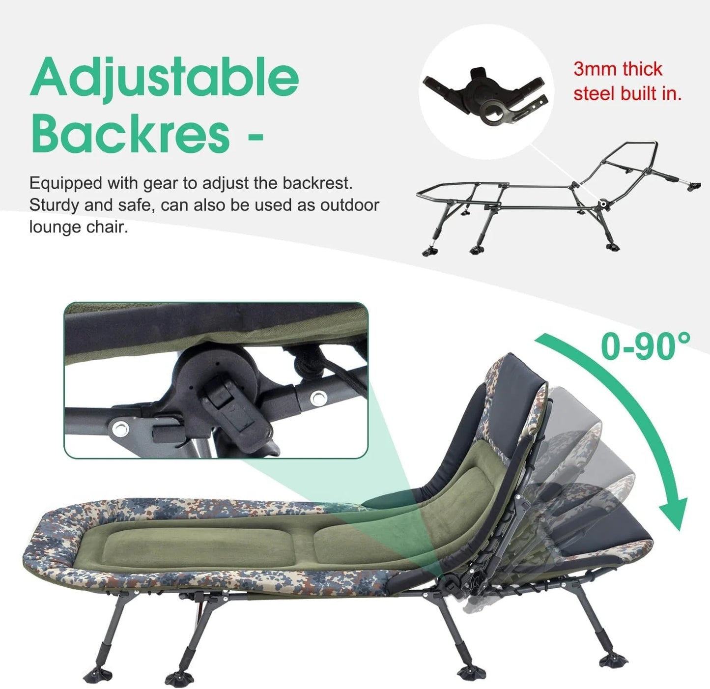 Camping Cots for Adults 330Lbs with Carry Bag, Heavy Duty Folding Bed with Soft Padded Cushion, Portable Military Cot for Hunting, 180 Adjustable Reclining Outdoor Lounger