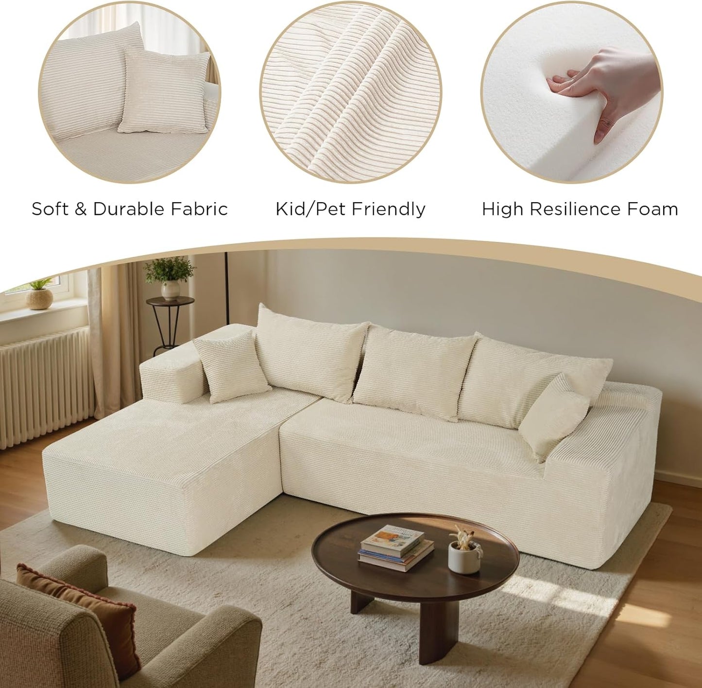 Cloud Sectional Couch with L-Shape Chaise,Modern Modular Sofa with Deep Seat, Upholstered Couches for Living Room Bedroom,No Assembly Required, Beige (Left Facing Chaise)