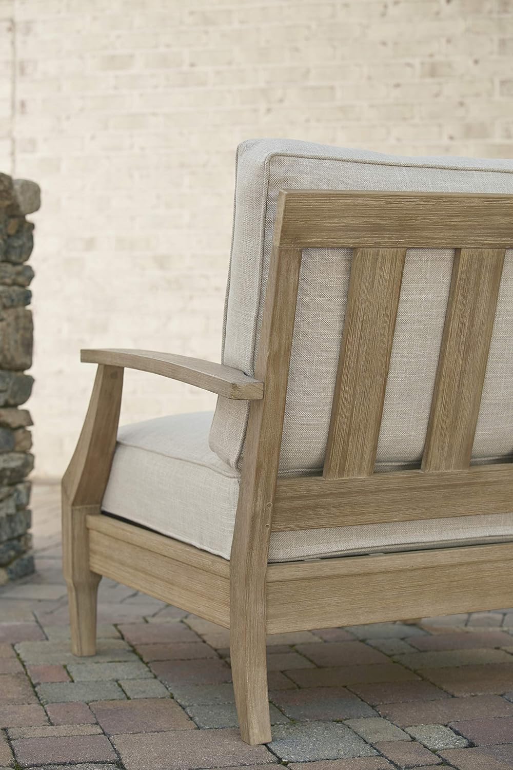 Signature Design by Ashley Clare View Coastal Outdoor Patio Eucalyptus Sofa with Cushions, Beige