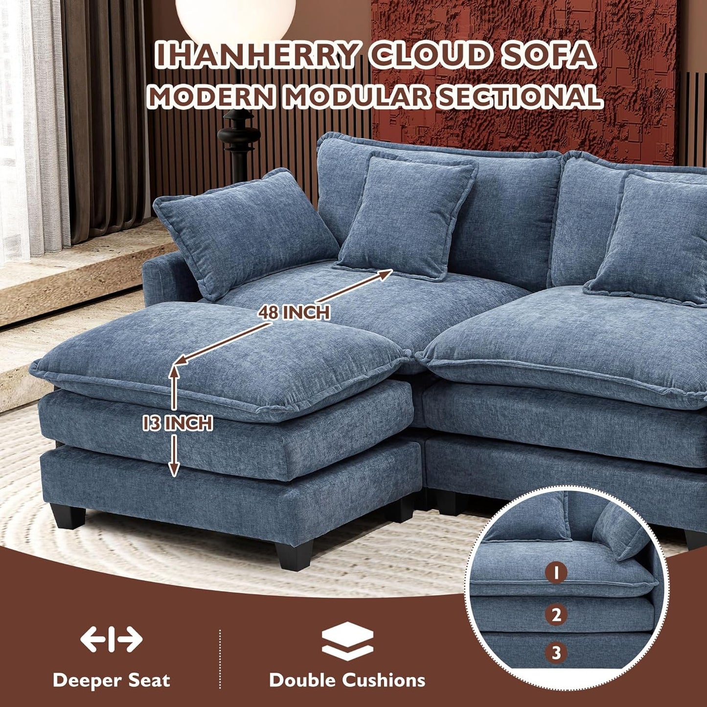 Ihanherry 146" U-Shaped Modern Sofa Modular Sectional Cloud Couch with 2 Ottoman, 6-Seat Chenille Deep Seat Sofa with 6 Pillows for Living Room, Bedroom and Apartment, Grey