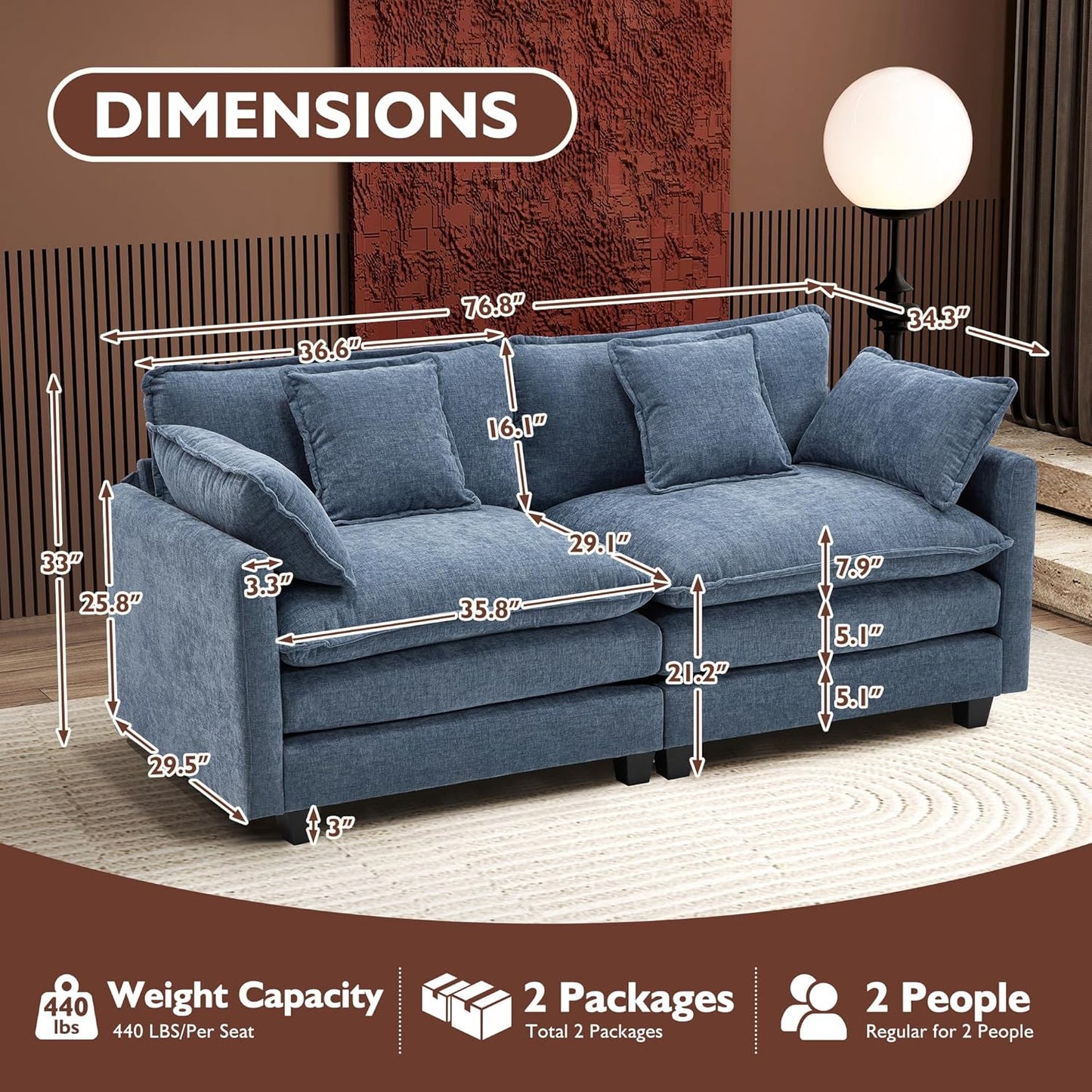 Ihanherry 146" U-Shaped Modern Sofa Modular Sectional Cloud Couch with 2 Ottoman, 6-Seat Chenille Deep Seat Sofa with 6 Pillows for Living Room, Bedroom and Apartment, Grey