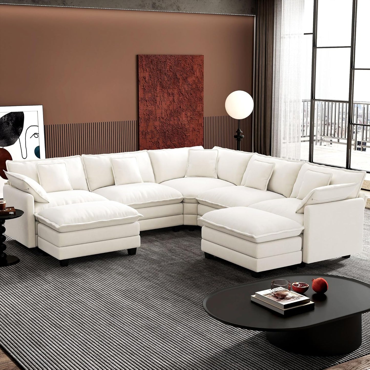 Ihanherry 146" U-Shaped Modern Sofa Modular Sectional Cloud Couch with 2 Ottoman, 6-Seat Chenille Deep Seat Sofa with 6 Pillows for Living Room, Bedroom and Apartment, Grey