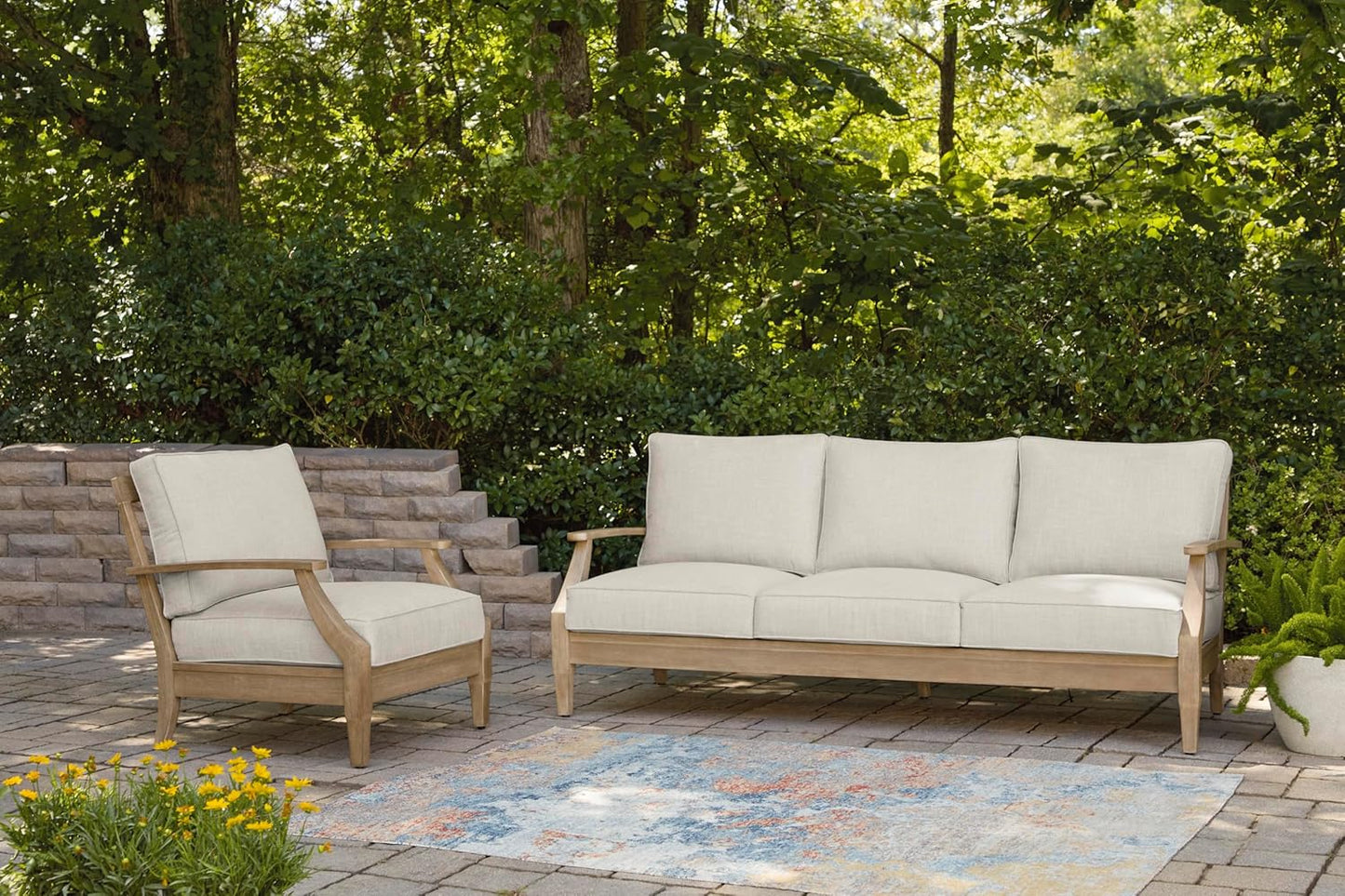 Signature Design by Ashley Clare View Coastal Outdoor Patio Eucalyptus Sofa with Cushions, Beige