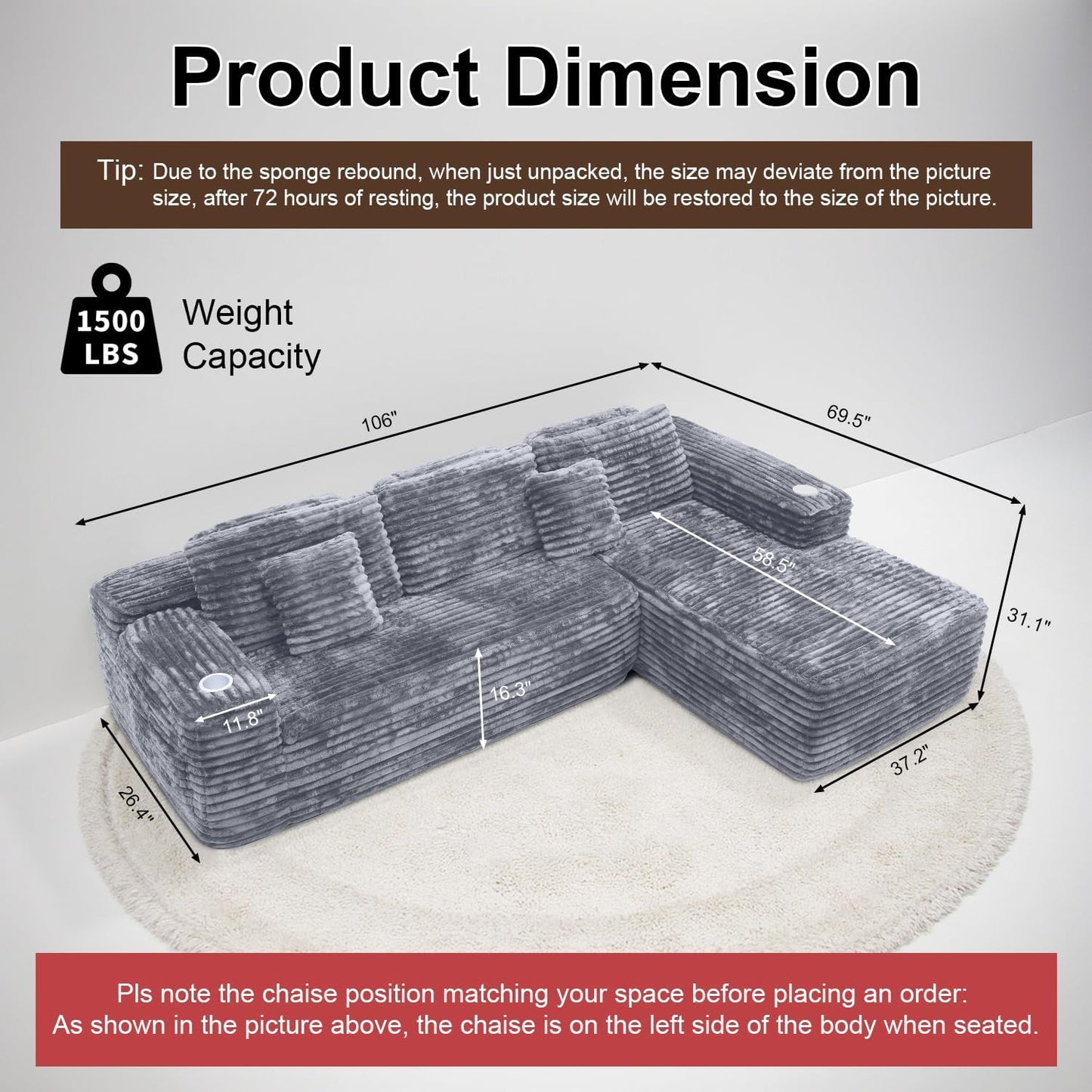 Cloud section sofa with L-shaped recliner modern modular sofa built-in cup holder