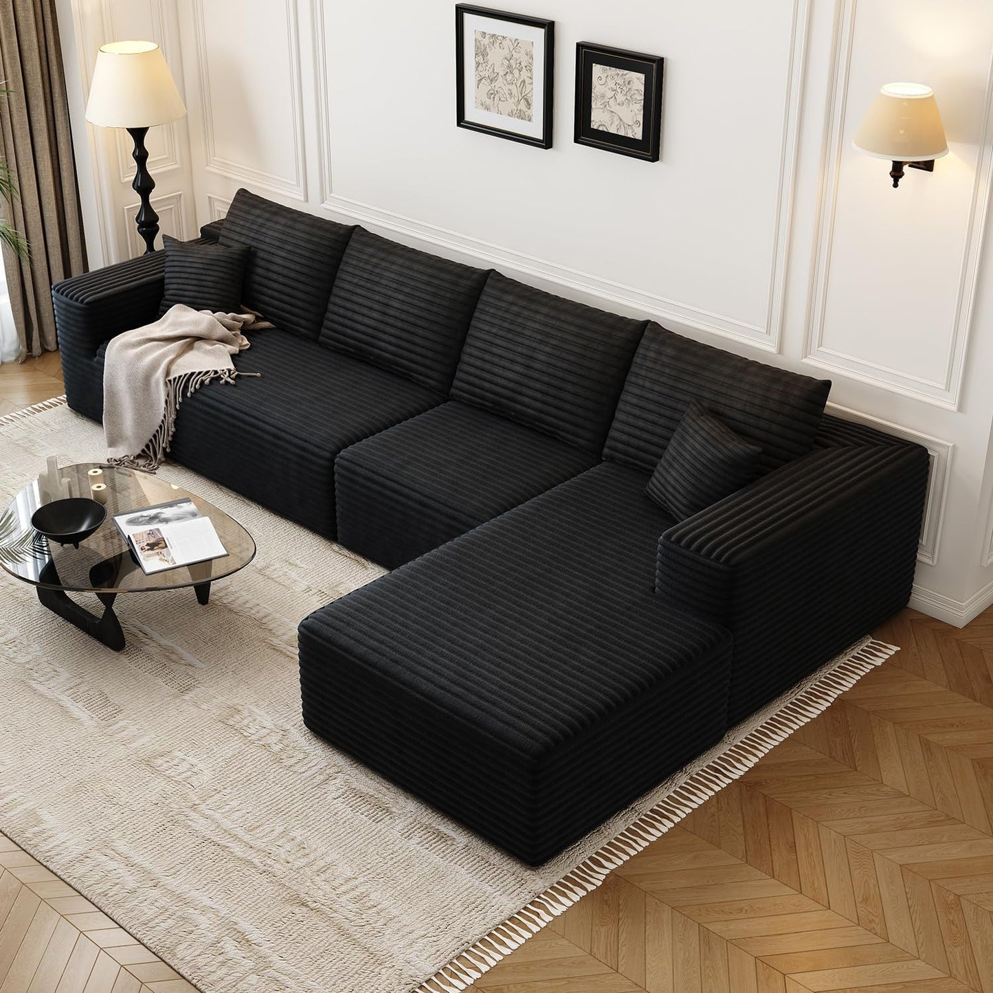 107.5" Cloud Modular Sectional Sofa Couch with L-Shape Chaise,Modern Minimalist Upholstered Couches for Living Room Bedroom,Deep Seat Corner Couch .No Assembly Required (Black,Left Facing Chaise)