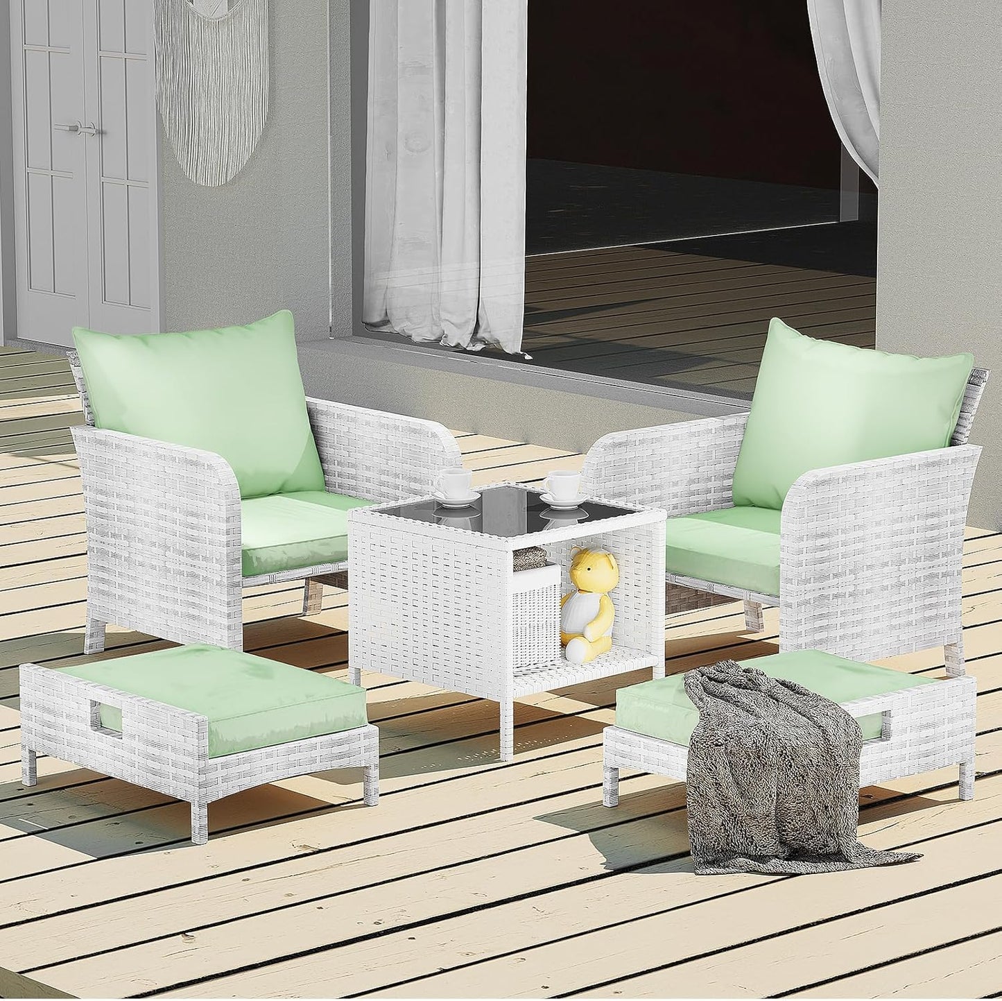 LEVELEVE Balcony Furniture 5 Piece Patio Conversation Set, PE Wicker Rattan Outdoor Lounge Chairs with Soft Cushions 2 Ottoman&Glass Table for Porch, Lawn-Brown Wicker