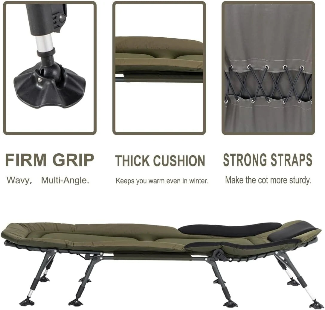Camping Cots for Adults 330Lbs with Carry Bag, Heavy Duty Folding Bed with Soft Padded Cushion, Portable Military Cot for Hunting, 180 Adjustable Reclining Outdoor Lounger