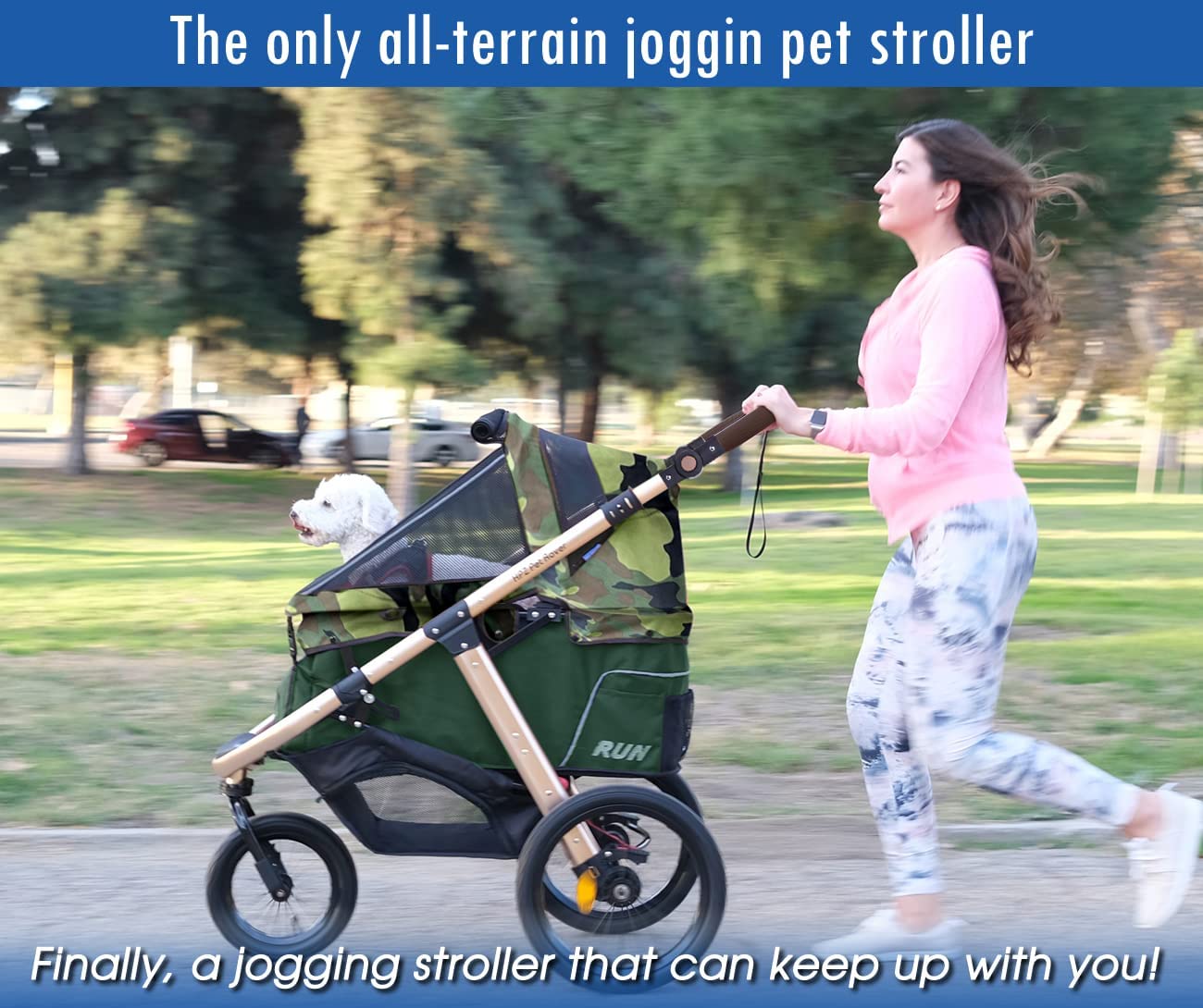Jogging Sports Stroller with Comfort Rubber Wheels/Zipper-Less Entry/1-Hand Quick Fold/Aluminum Frame for Small/Medium Dogs Cats and Pets (Green Camo)