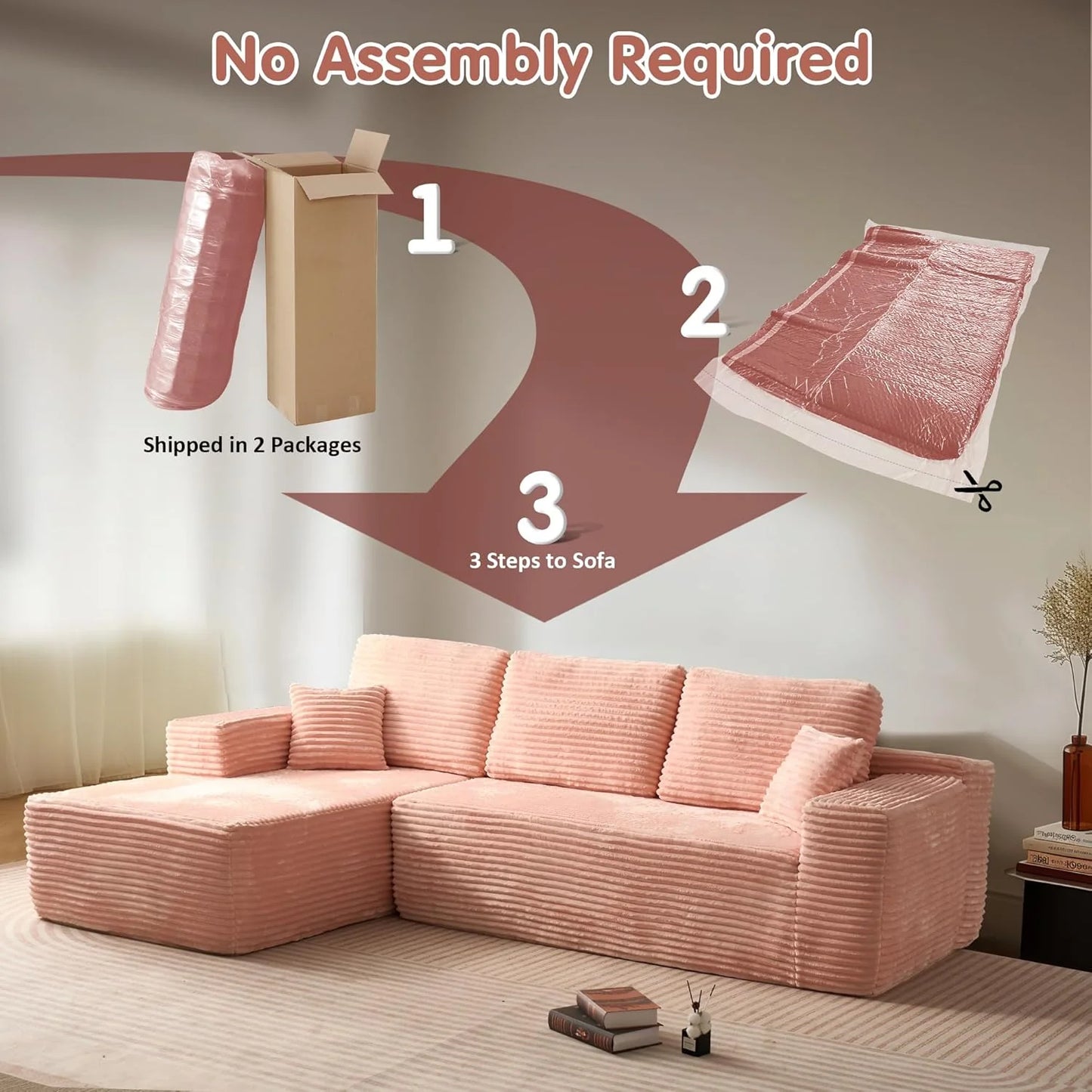 ovios 104" Cloud Sectional Couch with L-Shape Chaise,Modern Modular Sofa with Deep Seat, Upholstered Couches for Living Room Bedroom,No Assembly Required, Grey (Plush Corduroy Fabric)