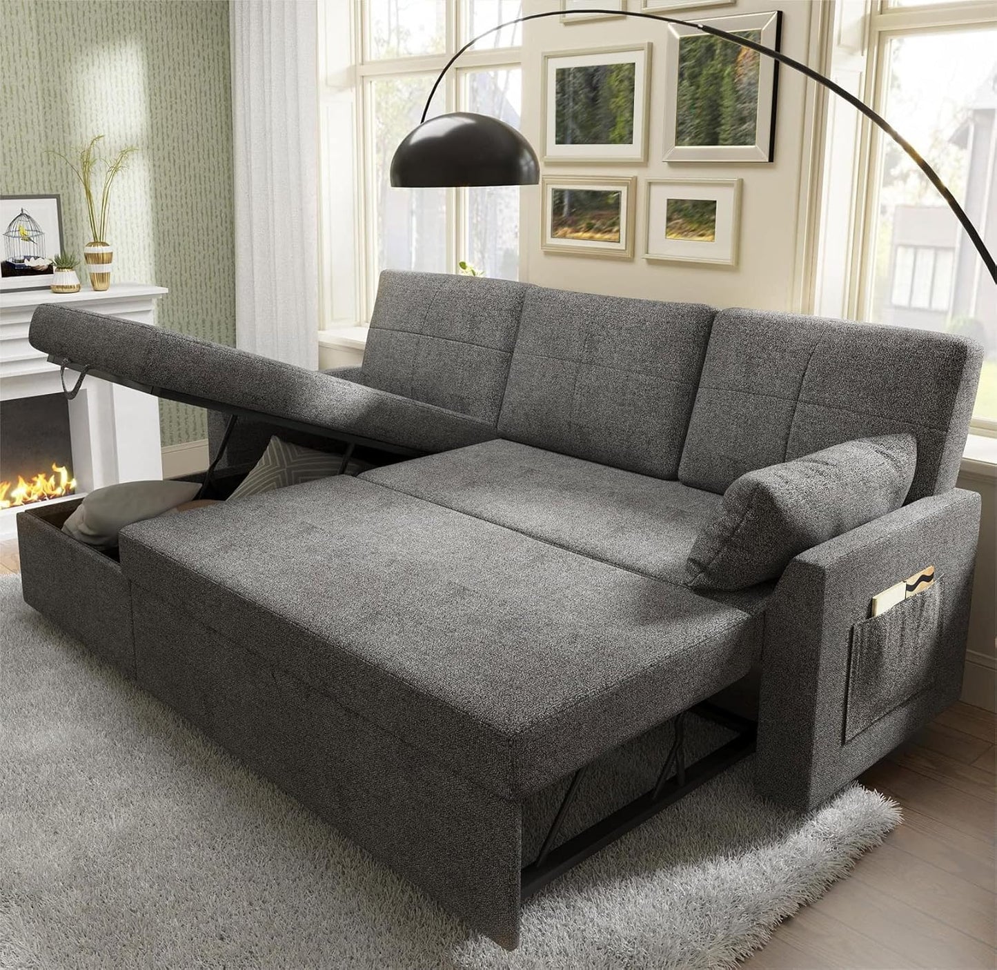 VanAcc Sofa Bed, Sleeper Sofa with Storage Chaise 2 in 1 Pull Out Couch Living Room