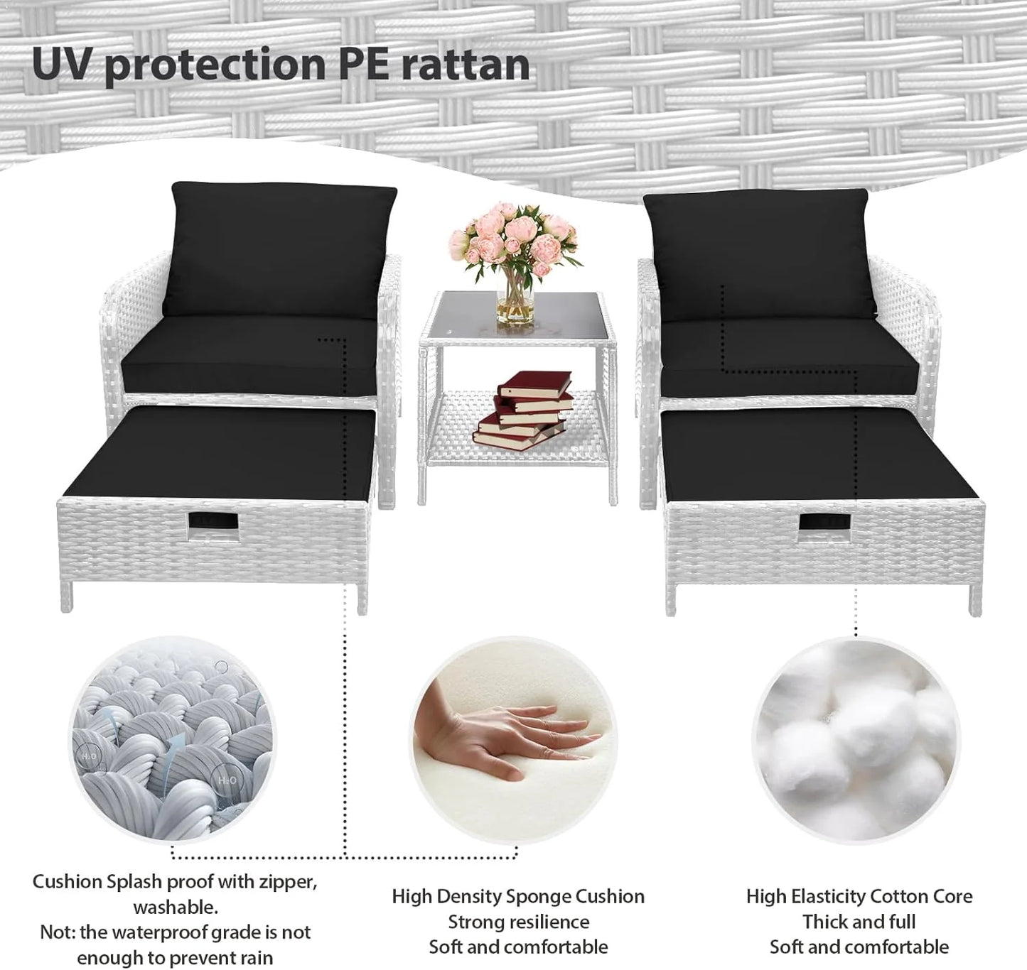 LEVELEVE Balcony Furniture 5 Piece Patio Conversation Set, PE Wicker Rattan Outdoor Lounge Chairs with Soft Cushions 2 Ottoman&Glass Table for Porch, Lawn-Brown Wicker