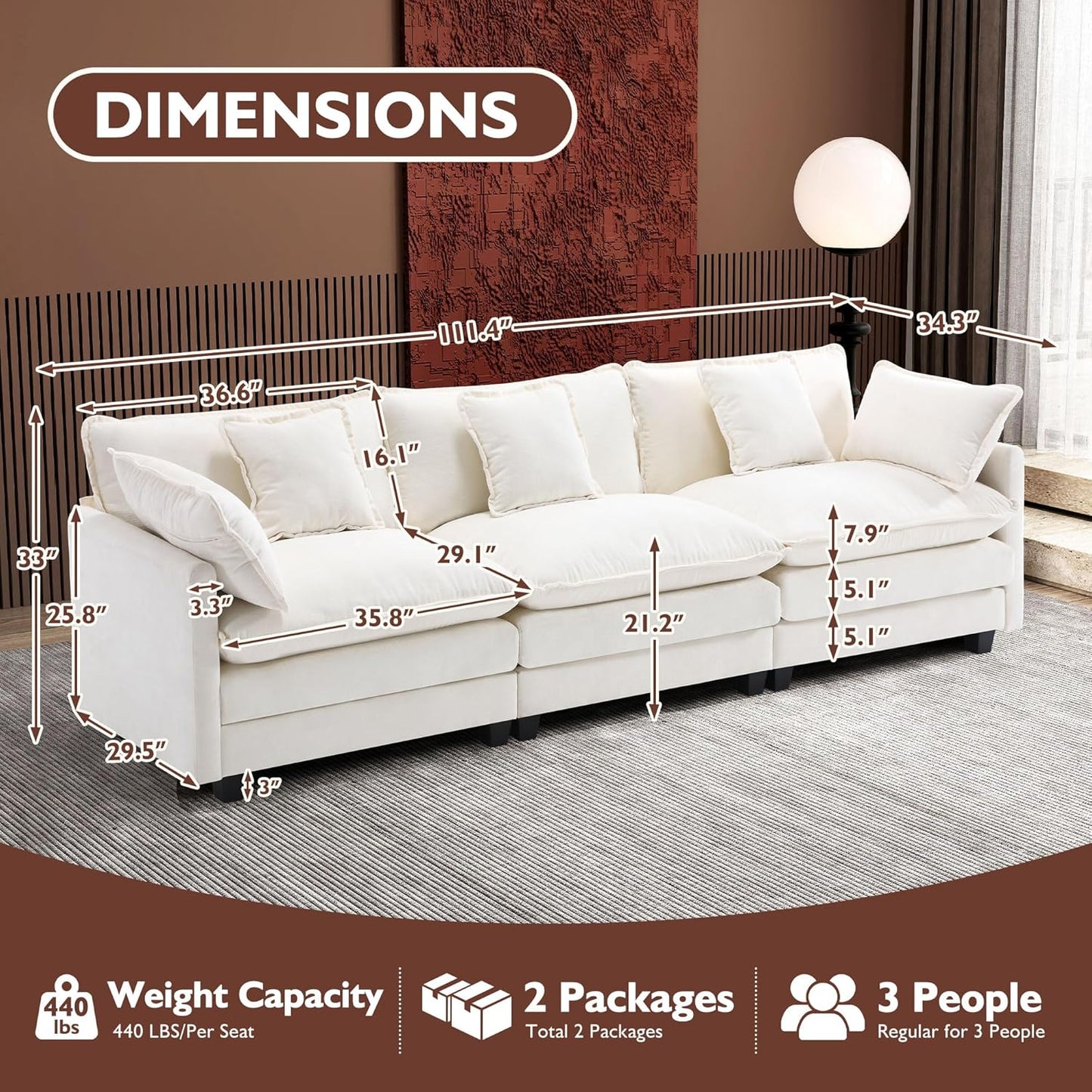 Ihanherry 146" U-Shaped Modern Sofa Modular Sectional Cloud Couch with 2 Ottoman, 6-Seat Chenille Deep Seat Sofa with 6 Pillows for Living Room, Bedroom and Apartment, Grey