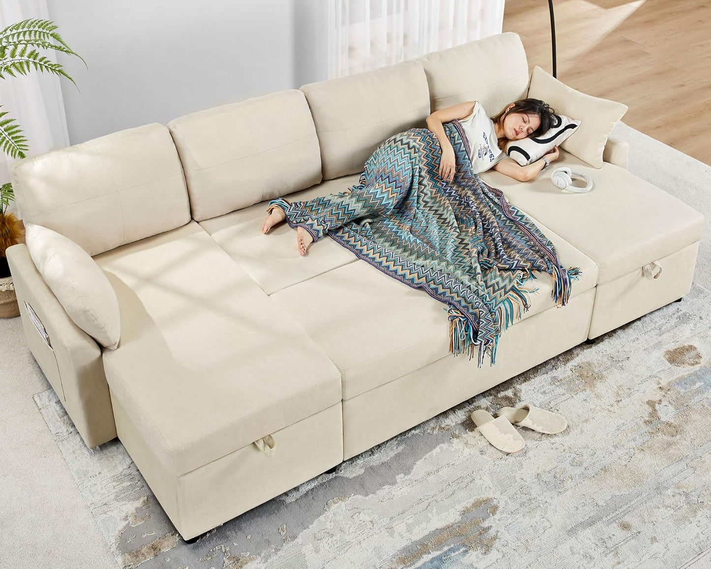 VanAcc Sofa Bed, Sleeper Sofa with Storage Chaise 2 in 1 Pull Out Couch Living Room