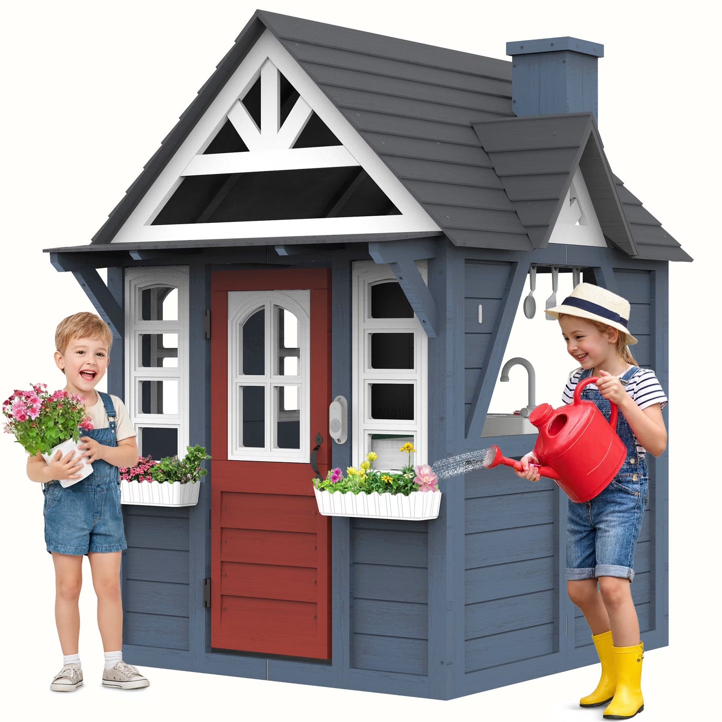 COCLUB Outdoor Playhouse for Kids Ages 4-8, Wooden Play House with Doorbell, Phone, Kitchen Toys, Outdoor Kids Play Equipment, Casa Para Ni?as (45L x 65H), White & Black