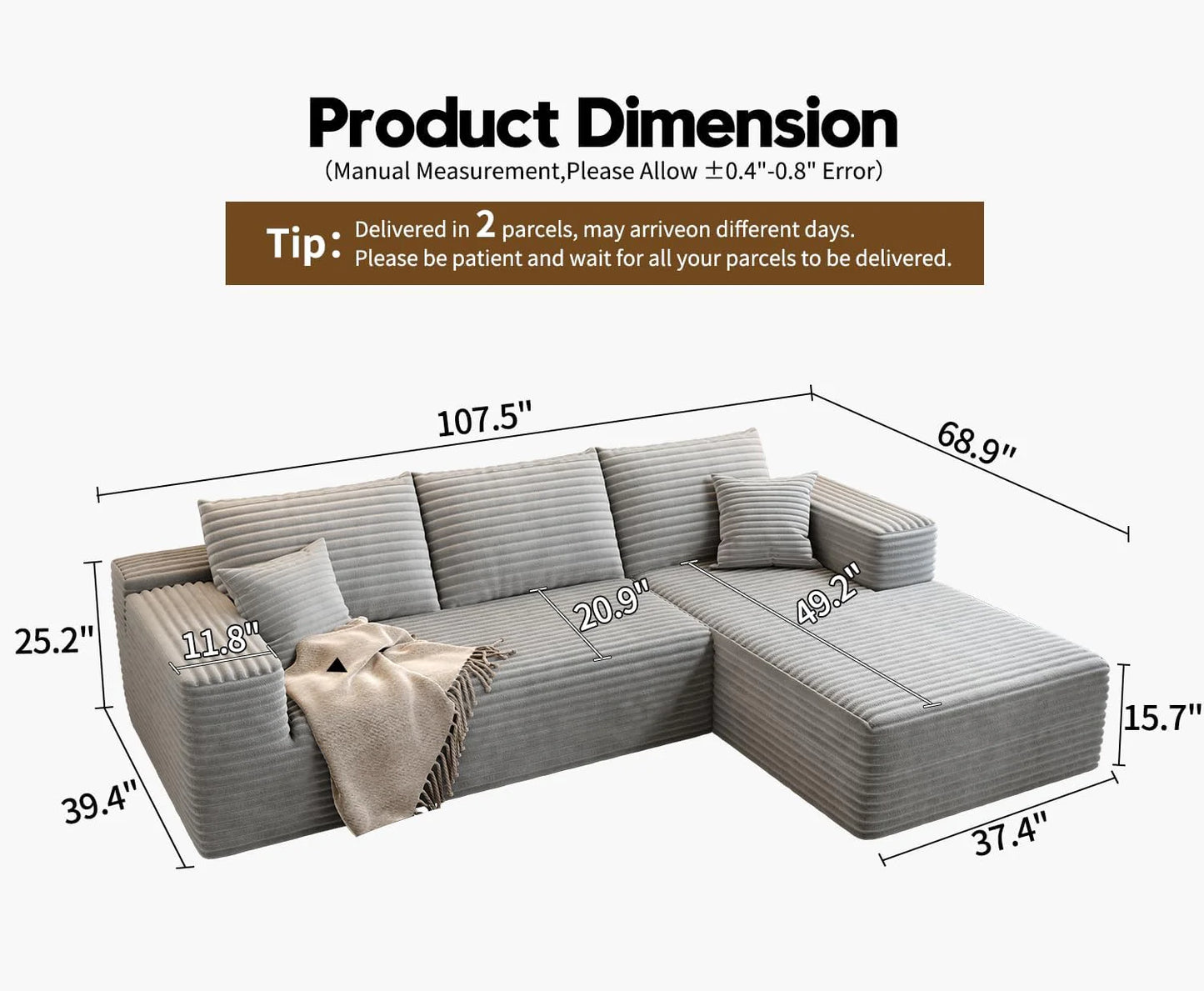 107.5" Cloud Modular Sectional Sofa Couch with L-Shape Chaise,Modern Minimalist Upholstered Couches for Living Room Bedroom,Deep Seat Corner Couch .No Assembly Required (Black,Left Facing Chaise)