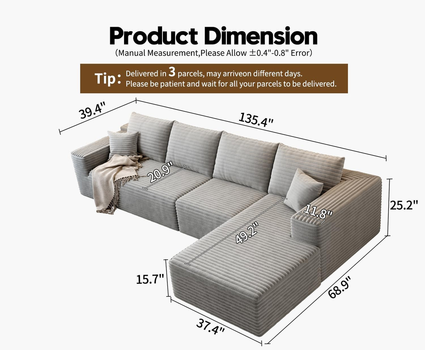 107.5" Cloud Modular Sectional Sofa Couch with L-Shape Chaise,Modern Minimalist Upholstered Couches for Living Room Bedroom,Deep Seat Corner Couch .No Assembly Required (Black,Left Facing Chaise)