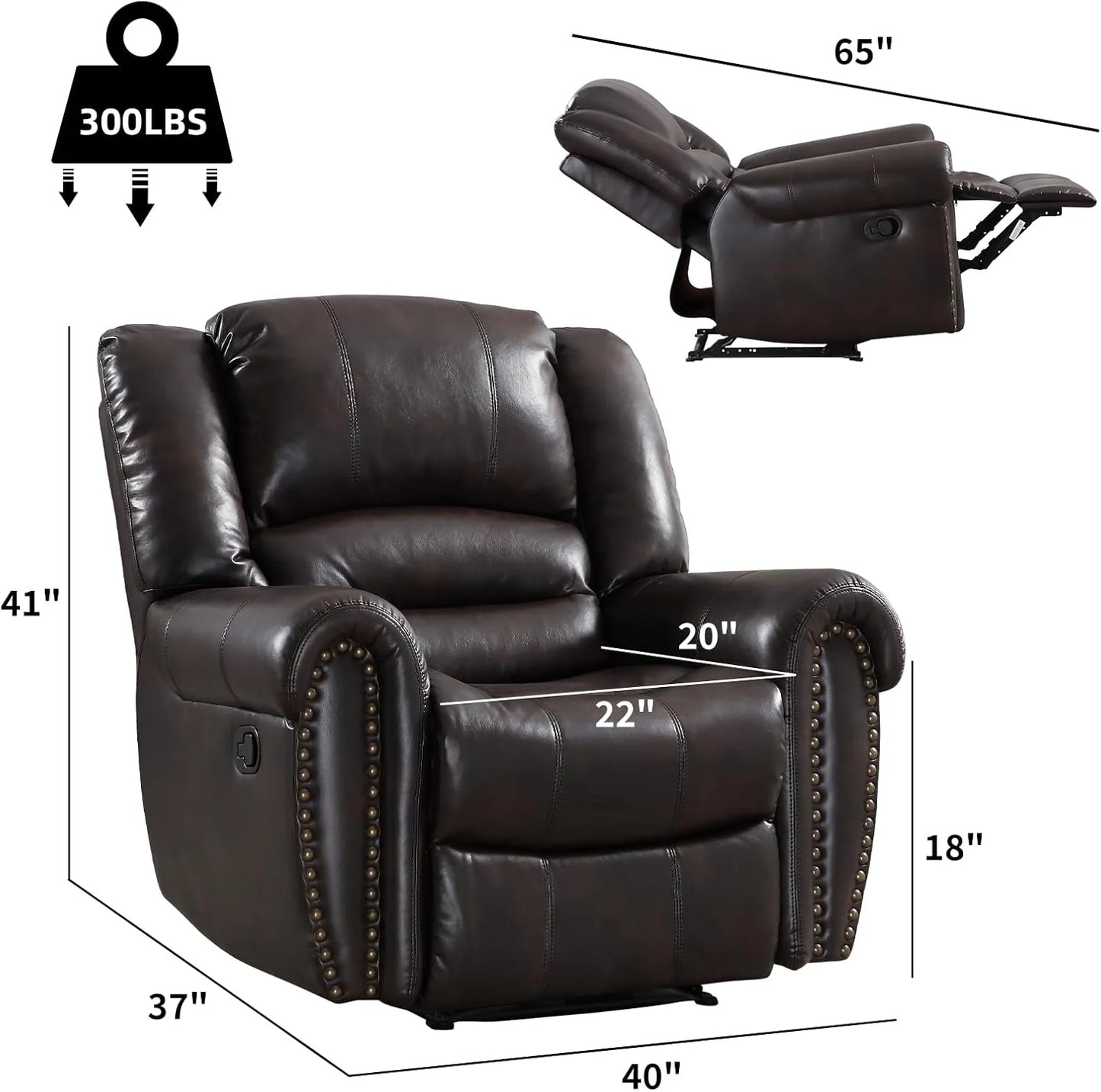 CANMOV Leather Recliner Chair, Classic and Traditional Manual Recliner Chair with Comfortable Arms and Back Single Sofa for Living Room, Nut Brown