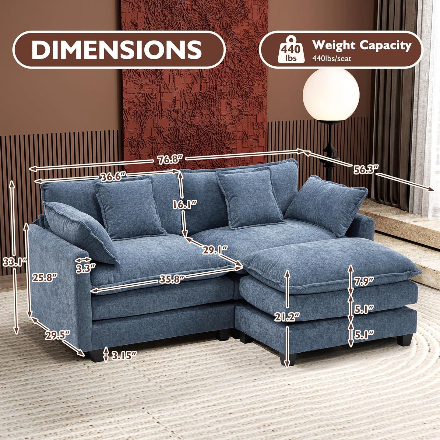 Ihanherry 146" U-Shaped Modern Sofa Modular Sectional Cloud Couch with 2 Ottoman, 6-Seat Chenille Deep Seat Sofa with 6 Pillows for Living Room, Bedroom and Apartment, Grey