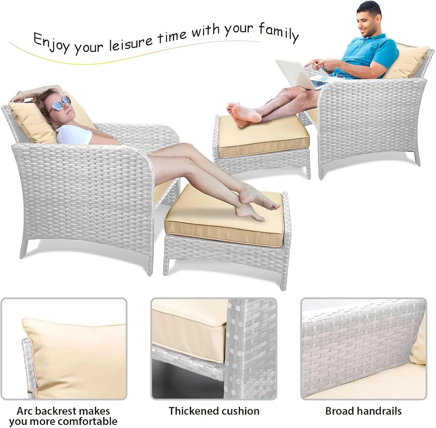 LEVELEVE Balcony Furniture 5 Piece Patio Conversation Set, PE Wicker Rattan Outdoor Lounge Chairs with Soft Cushions 2 Ottoman&Glass Table for Porch, Lawn-Brown Wicker