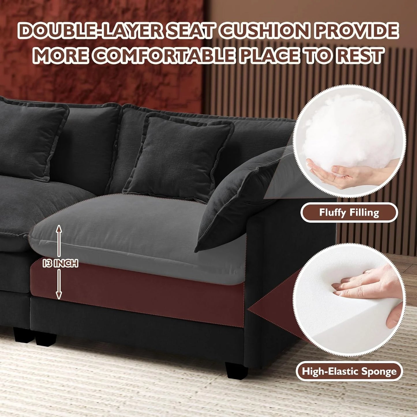 Ihanherry 146" U-Shaped Modern Sofa Modular Sectional Cloud Couch with 2 Ottoman, 6-Seat Chenille Deep Seat Sofa with 6 Pillows for Living Room, Bedroom and Apartment, Grey