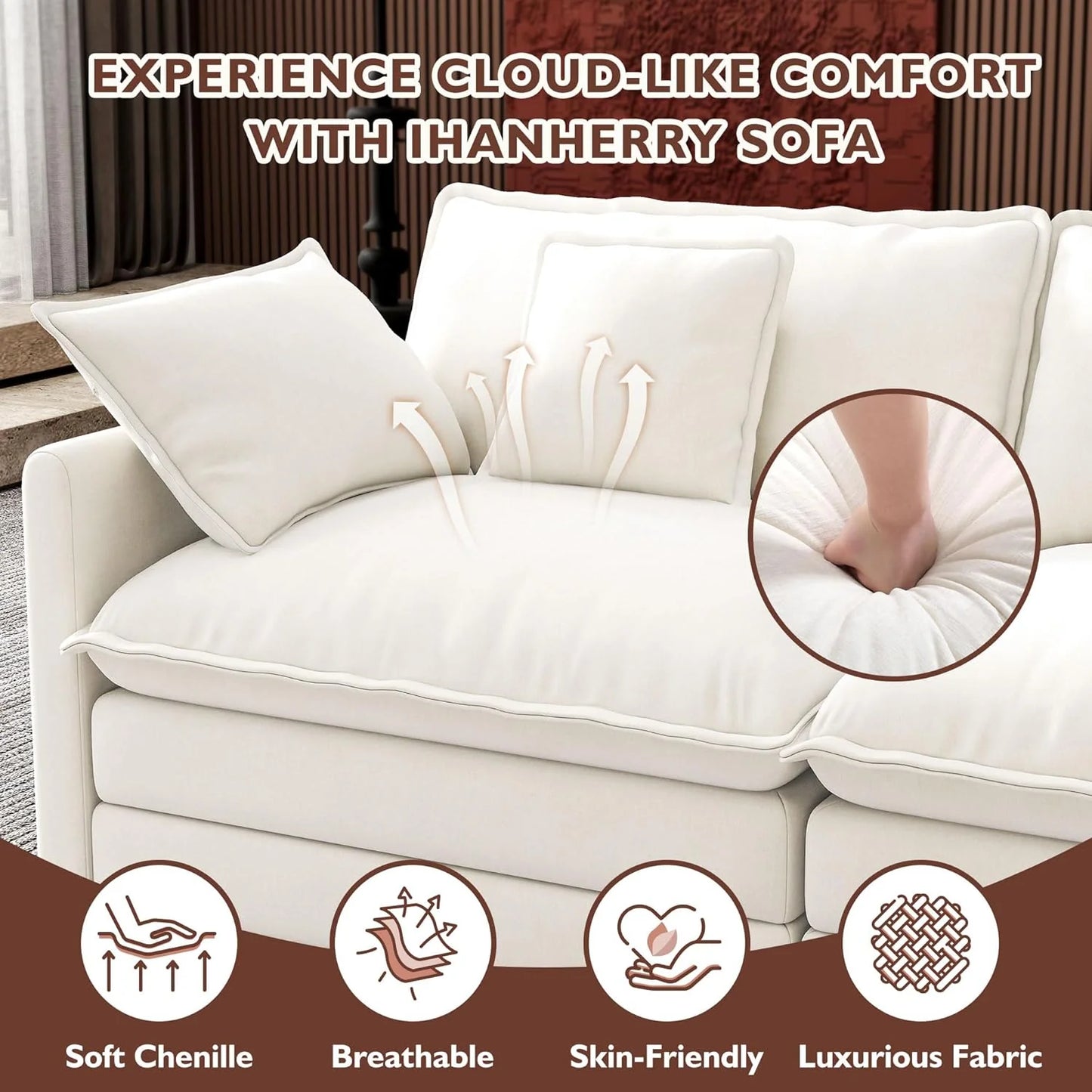 Ihanherry 146" U-Shaped Modern Sofa Modular Sectional Cloud Couch with 2 Ottoman, 6-Seat Chenille Deep Seat Sofa with 6 Pillows for Living Room, Bedroom and Apartment, Grey