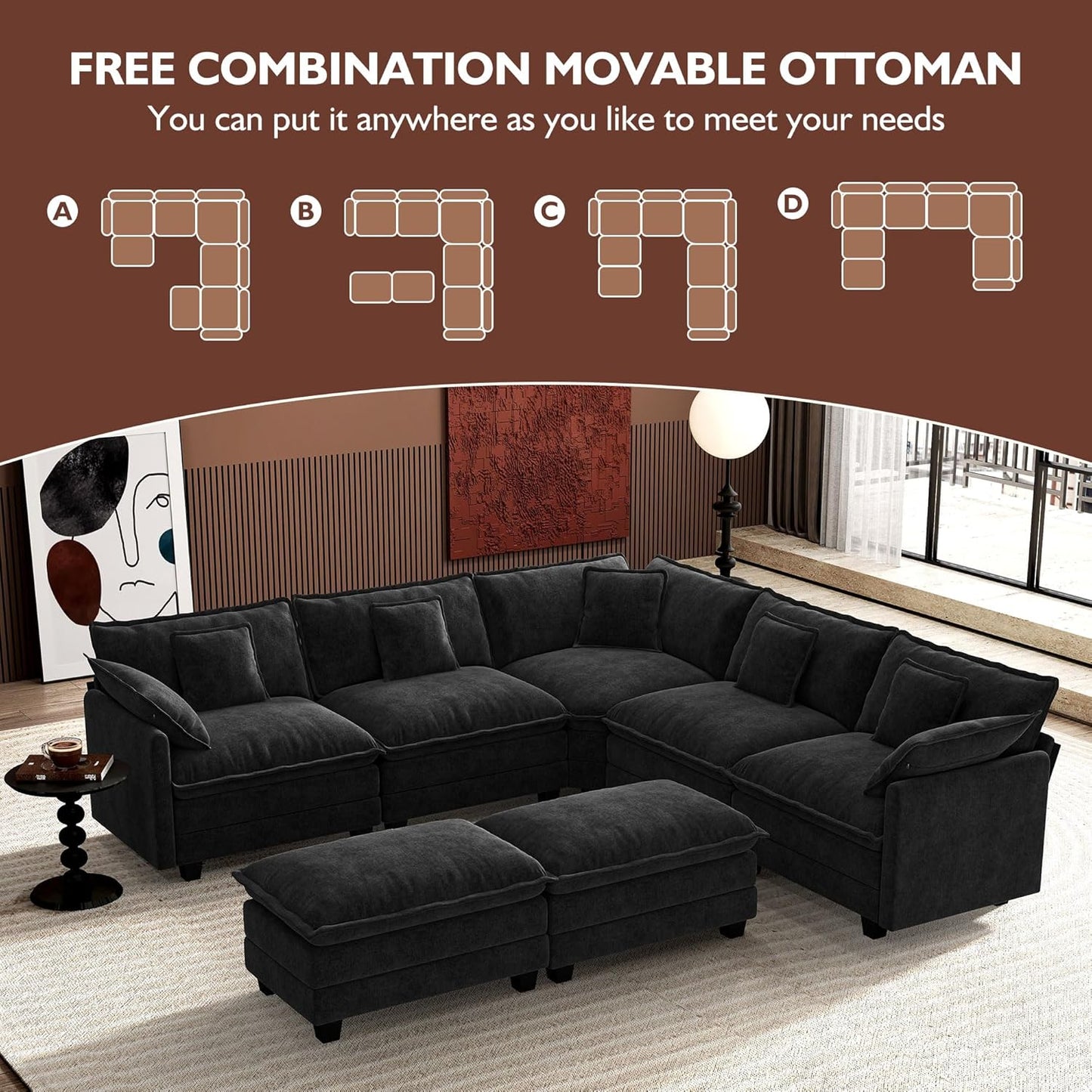 Ihanherry 146" U-Shaped Modern Sofa Modular Sectional Cloud Couch with 2 Ottoman, 6-Seat Chenille Deep Seat Sofa with 6 Pillows for Living Room, Bedroom and Apartment, Grey