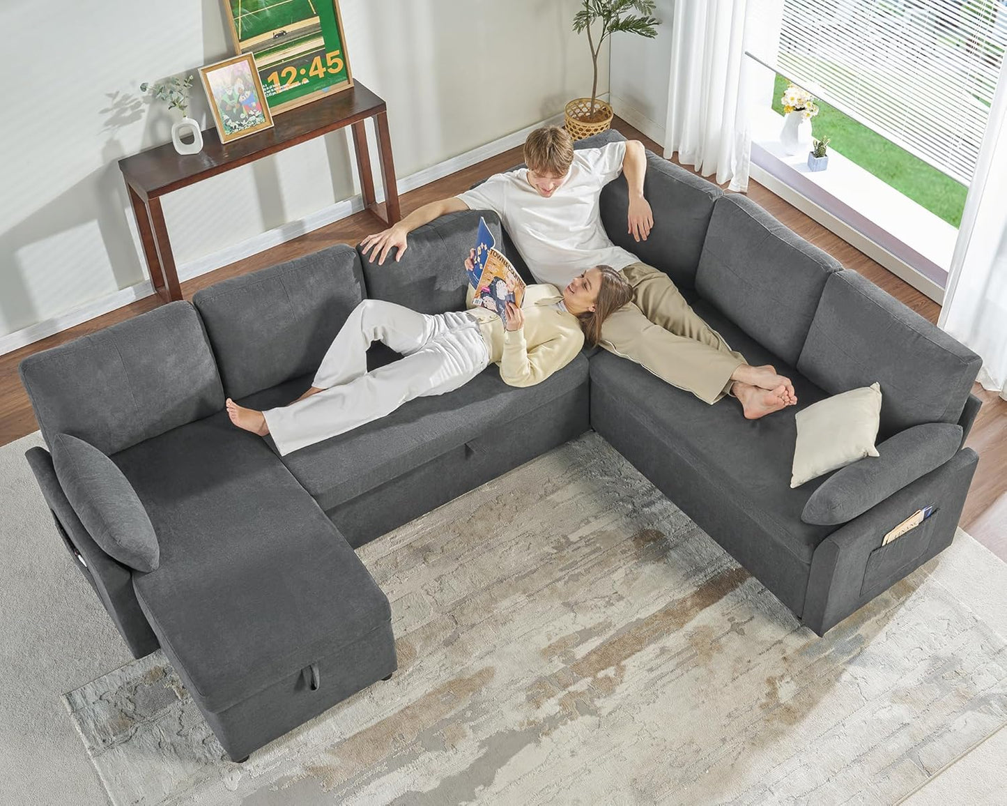 VanAcc Sofa Bed, Sleeper Sofa with Storage Chaise 2 in 1 Pull Out Couch Living Room