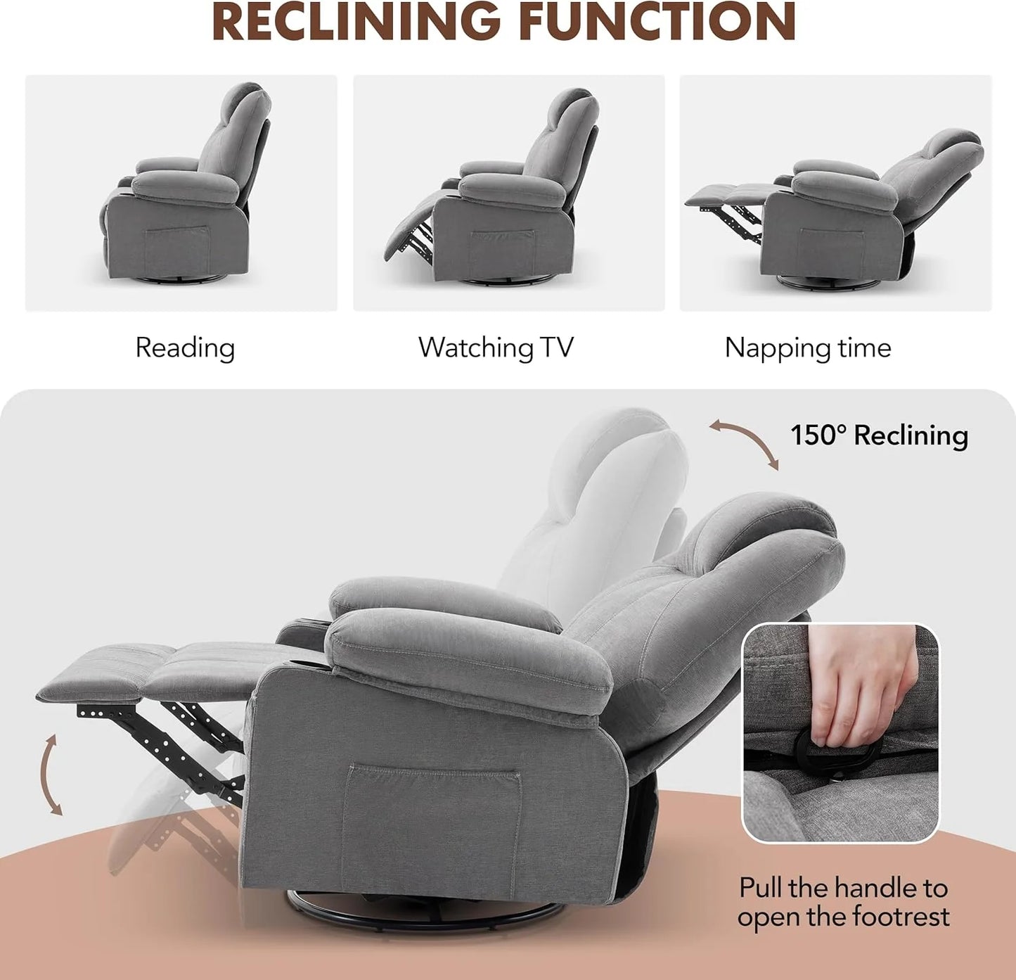 Oversized Swivel Rocker Recliner Chair with Heat and Massage, 360 Degree Swivel Rocking Single Sofa with Cup Holders and USB Port, Large Big Recliner Chair for Living Room (Leather, Brown)