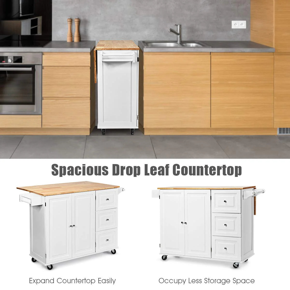 Giantex Kitchen Island Cart, Large Trolley Cart w/ Drop-Leaf Tabletop, Large Cabinet, 3 Drawers, Spice Rack, Towel Rack, Rolling Serving Trolley Cabinet