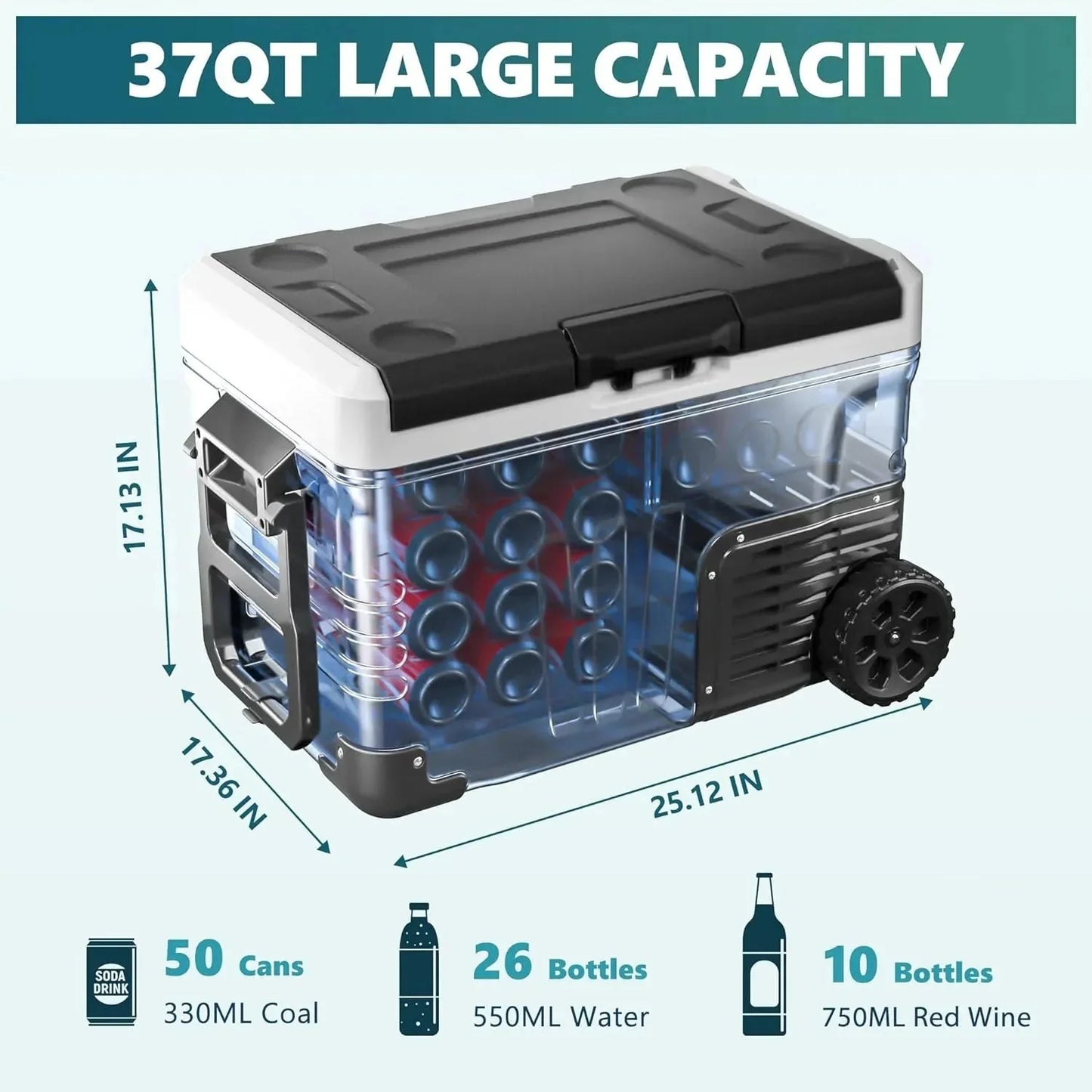12 Volt Refrigerator, 53QT(50L) Electric Cooler, Portable Freezer 12V/24V DC 110-240V AC, 12V Fridge -4 ~68 , 12V Cooler with Wheels & 2 Baskets for Travel, Truck, Boat, Camping