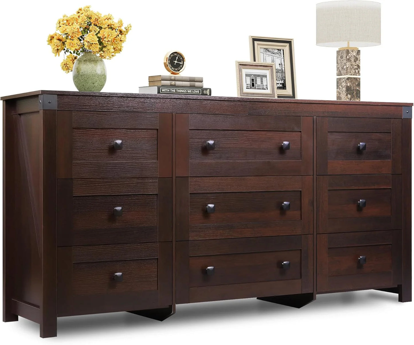 9 Drawer Led Dresser for Bedroom, 58.35'' Wide Wood Dresser Storage Organizer with Power Outlets for 65'' TV, Dressers with Open Shelves