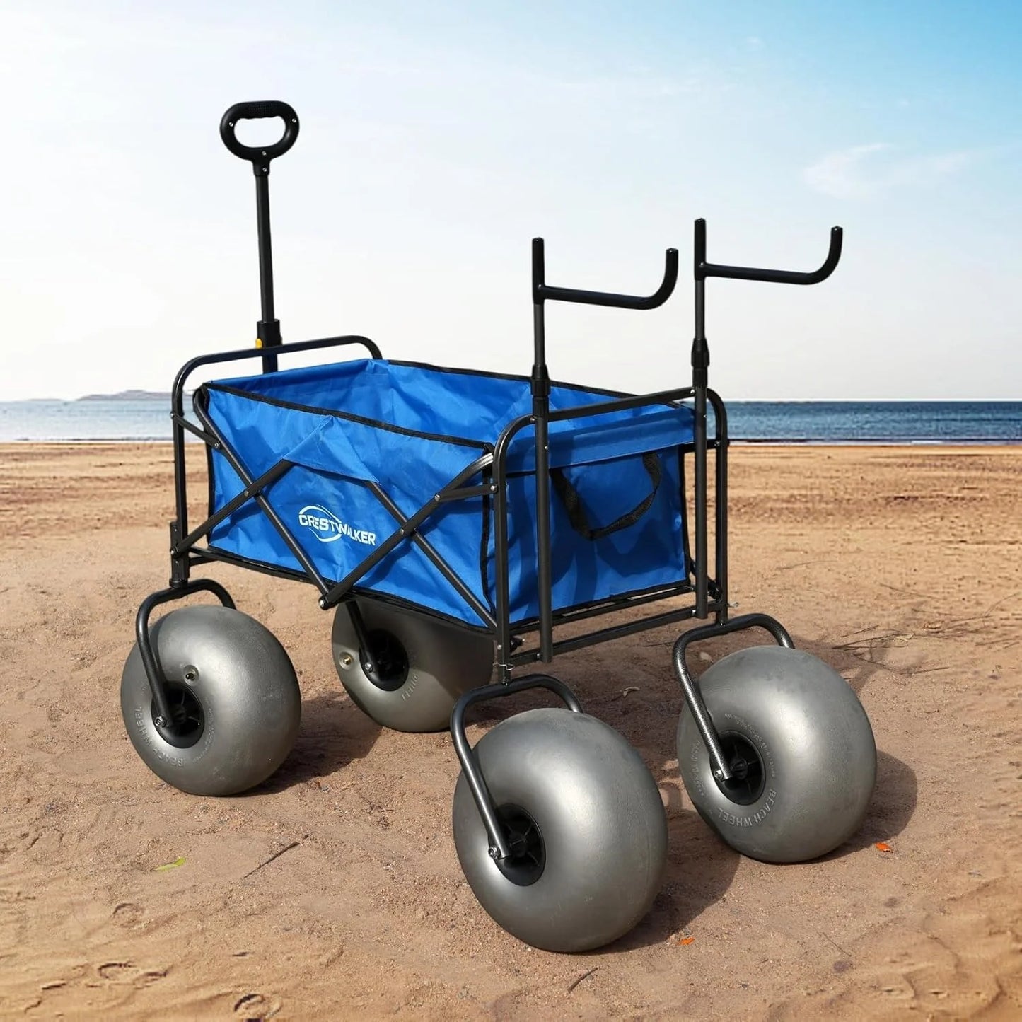 Beach cart with 13-inch balloon wheels, chair brackets and pump included