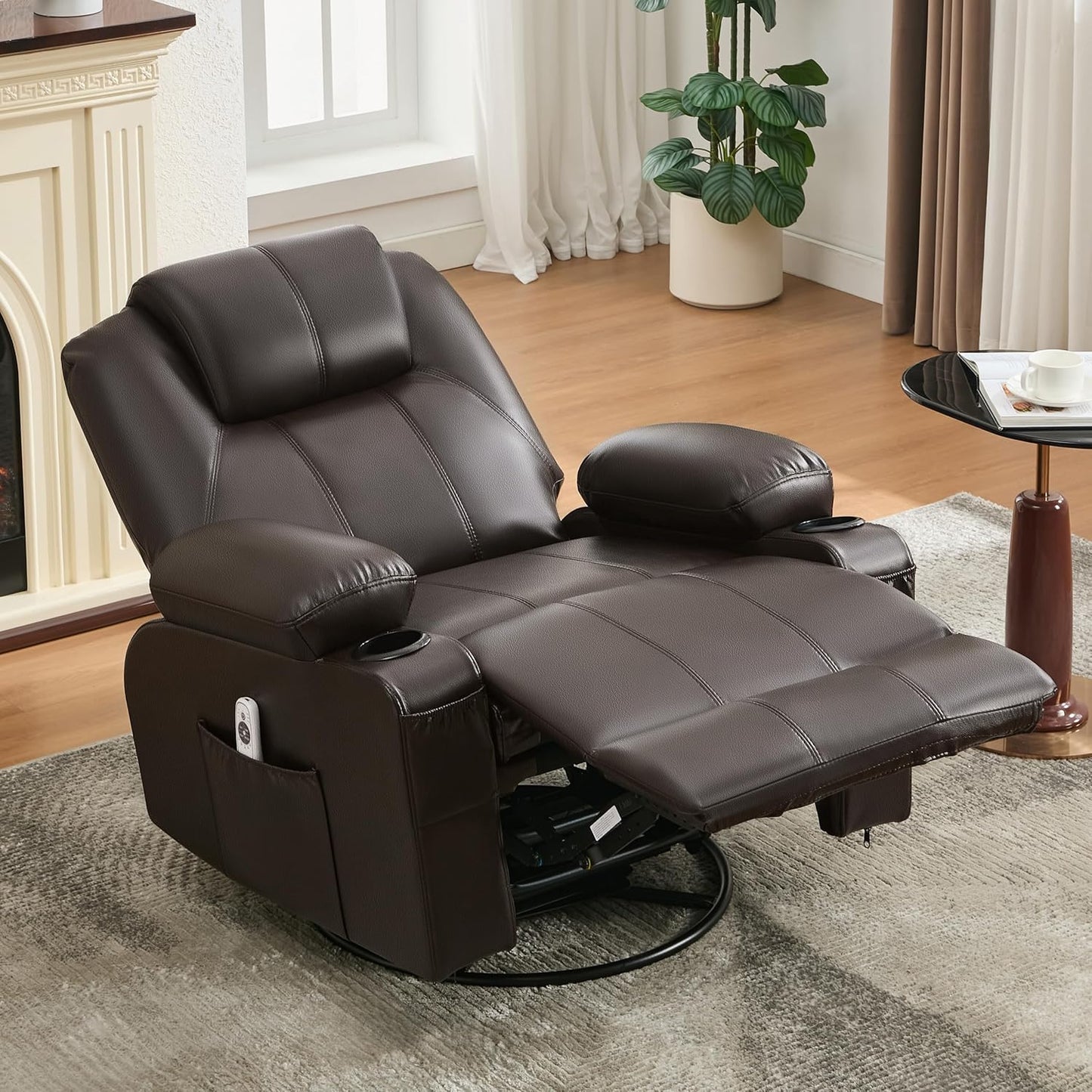 Oversized Swivel Rocker Recliner Chair with Heat and Massage, 360 Degree Swivel Rocking Single Sofa with Cup Holders and USB Port, Large Big Recliner Chair for Living Room (Leather, Brown)