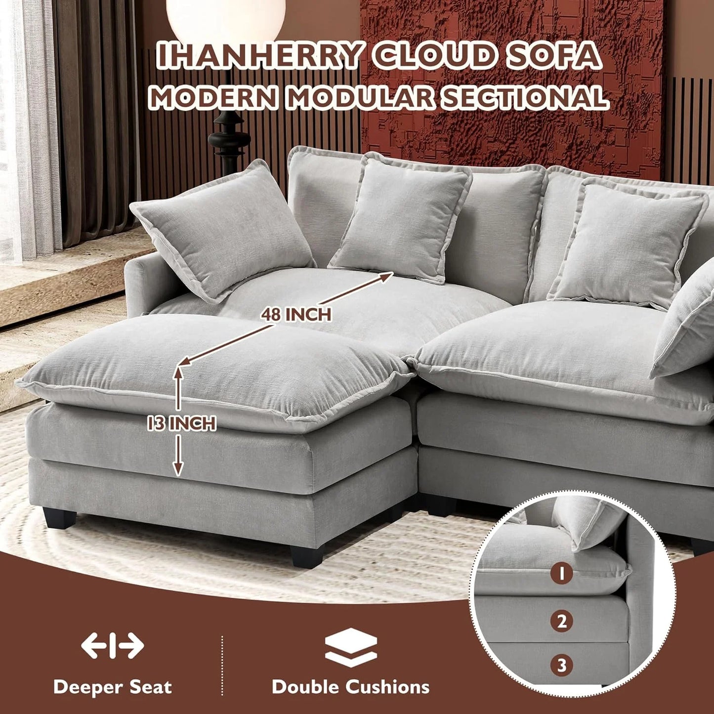 Ihanherry 146" U-Shaped Modern Sofa Modular Sectional Cloud Couch with 2 Ottoman, 6-Seat Chenille Deep Seat Sofa with 6 Pillows for Living Room, Bedroom and Apartment, Grey