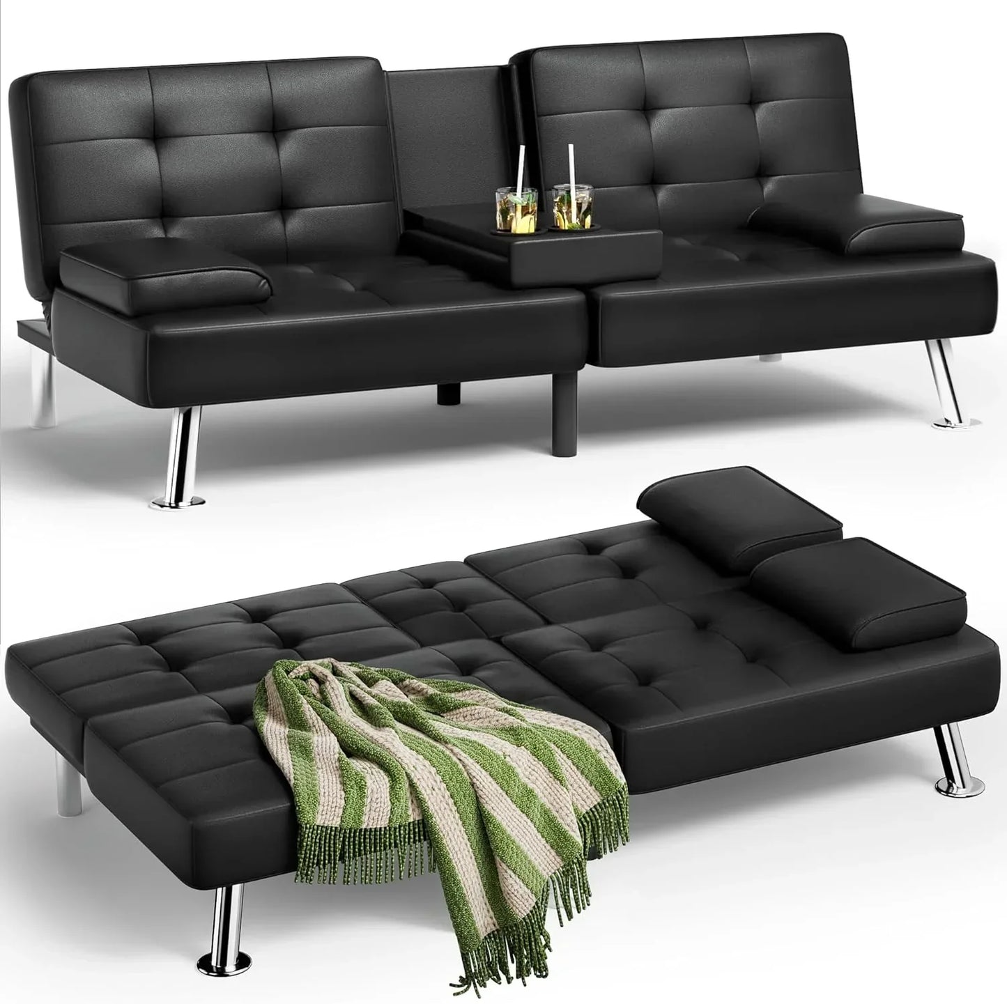 Homall Futon Sofa Bed Leather Futon Couch with Armrests Adjustable Recliner Sleeper Sofa Bed