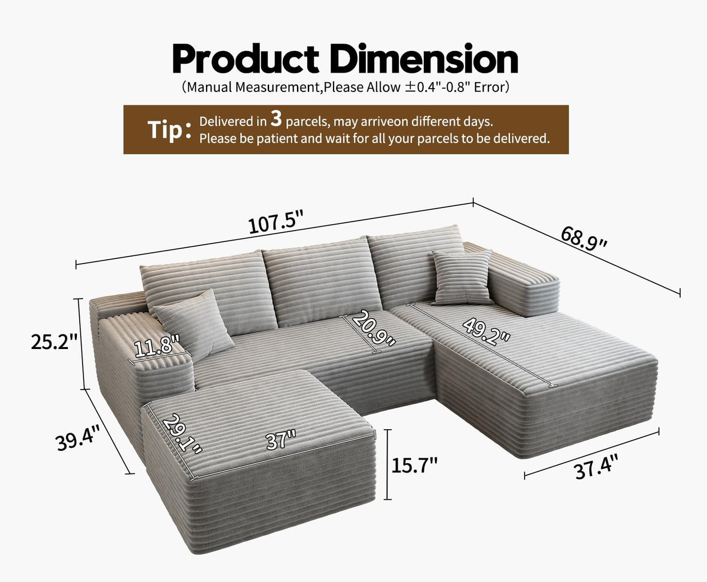 107.5" Cloud Modular Sectional Sofa Couch with L-Shape Chaise,Modern Minimalist Upholstered Couches for Living Room Bedroom,Deep Seat Corner Couch .No Assembly Required (Black,Left Facing Chaise)
